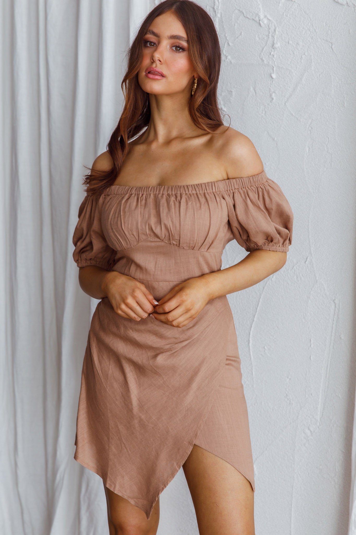 Dayanara Off-Shoulder Puff Sleeve Dress Mocha-Maymioy