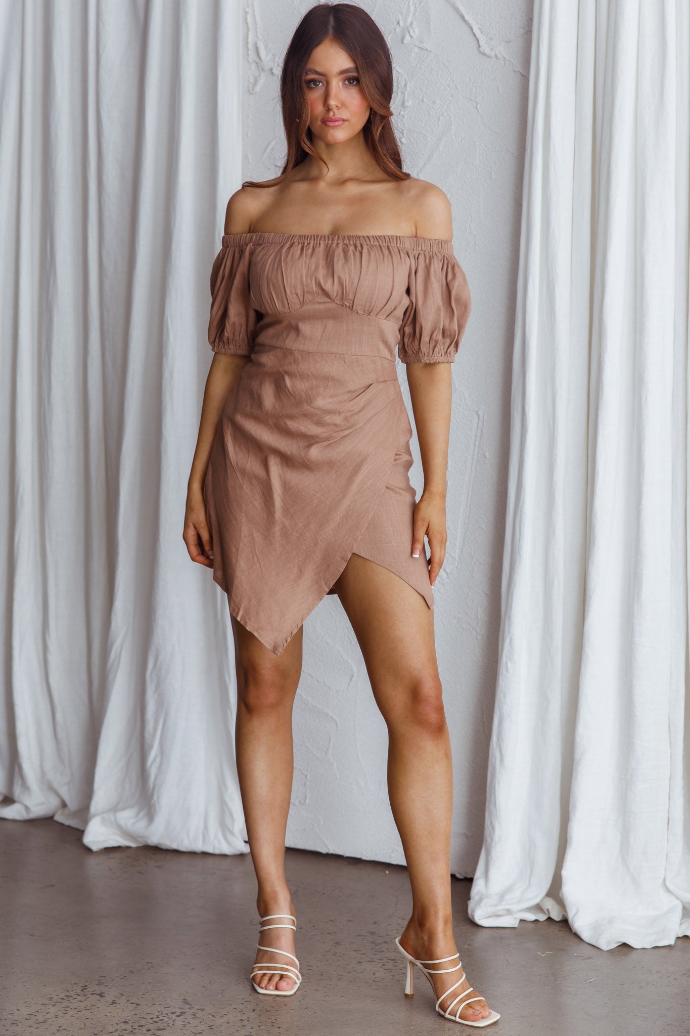 Dayanara Off-Shoulder Puff Sleeve Dress Mocha-Maymioy