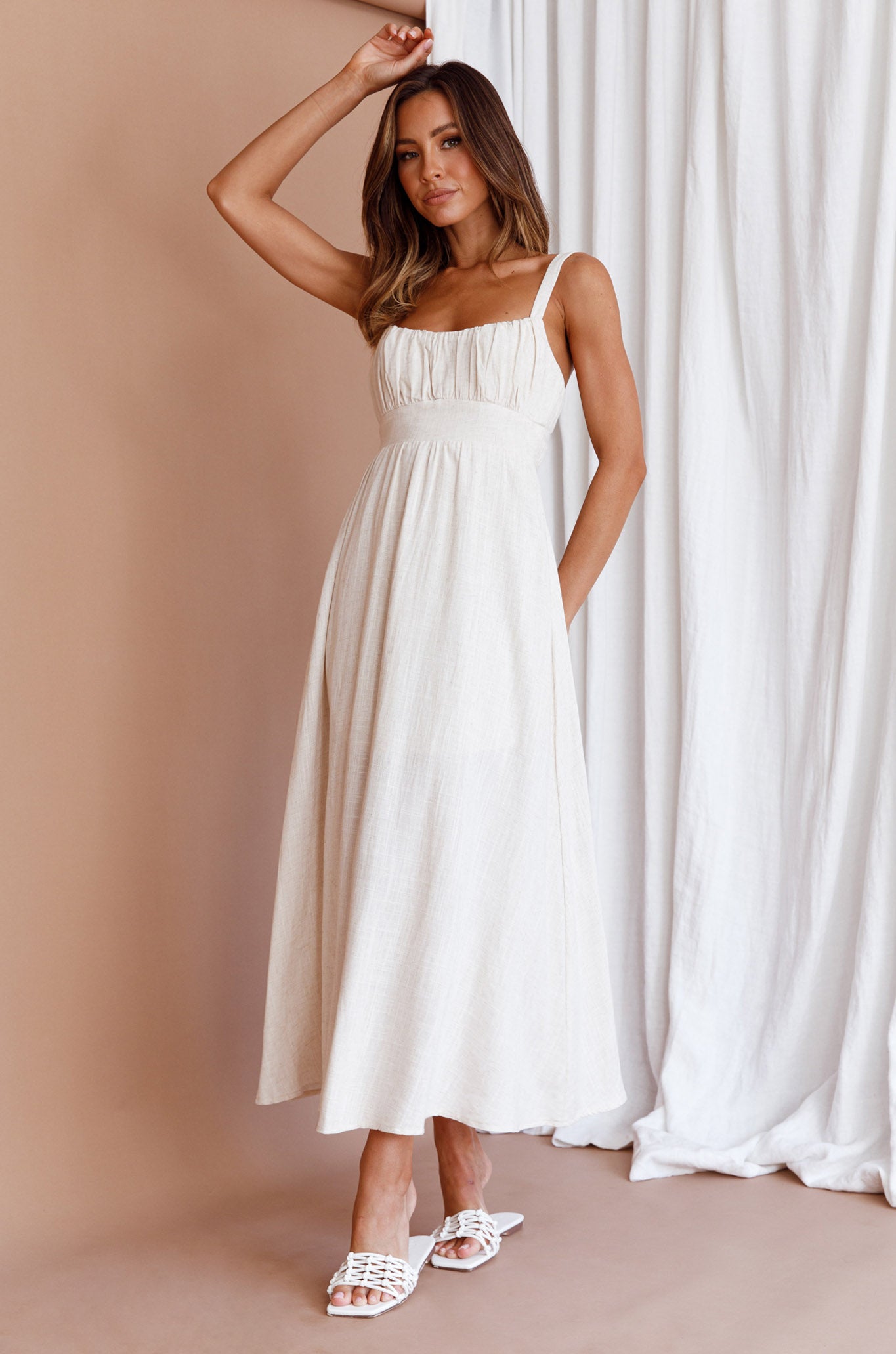 Roberta Gathered Bust Midi Dress Natural-Maymioy