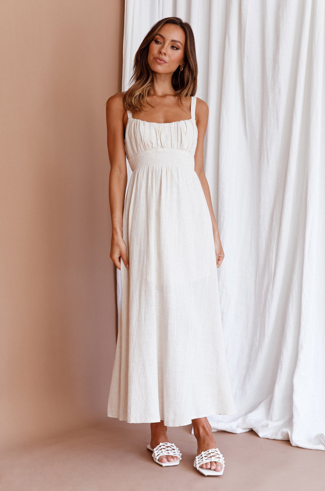 Roberta Gathered Bust Midi Dress Natural-Maymioy