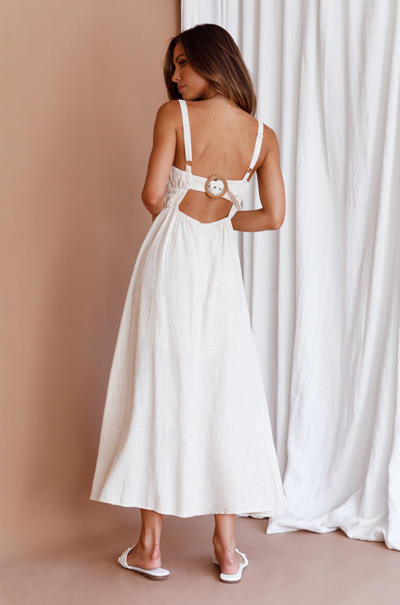 Roberta Gathered Bust Midi Dress Natural-Maymioy