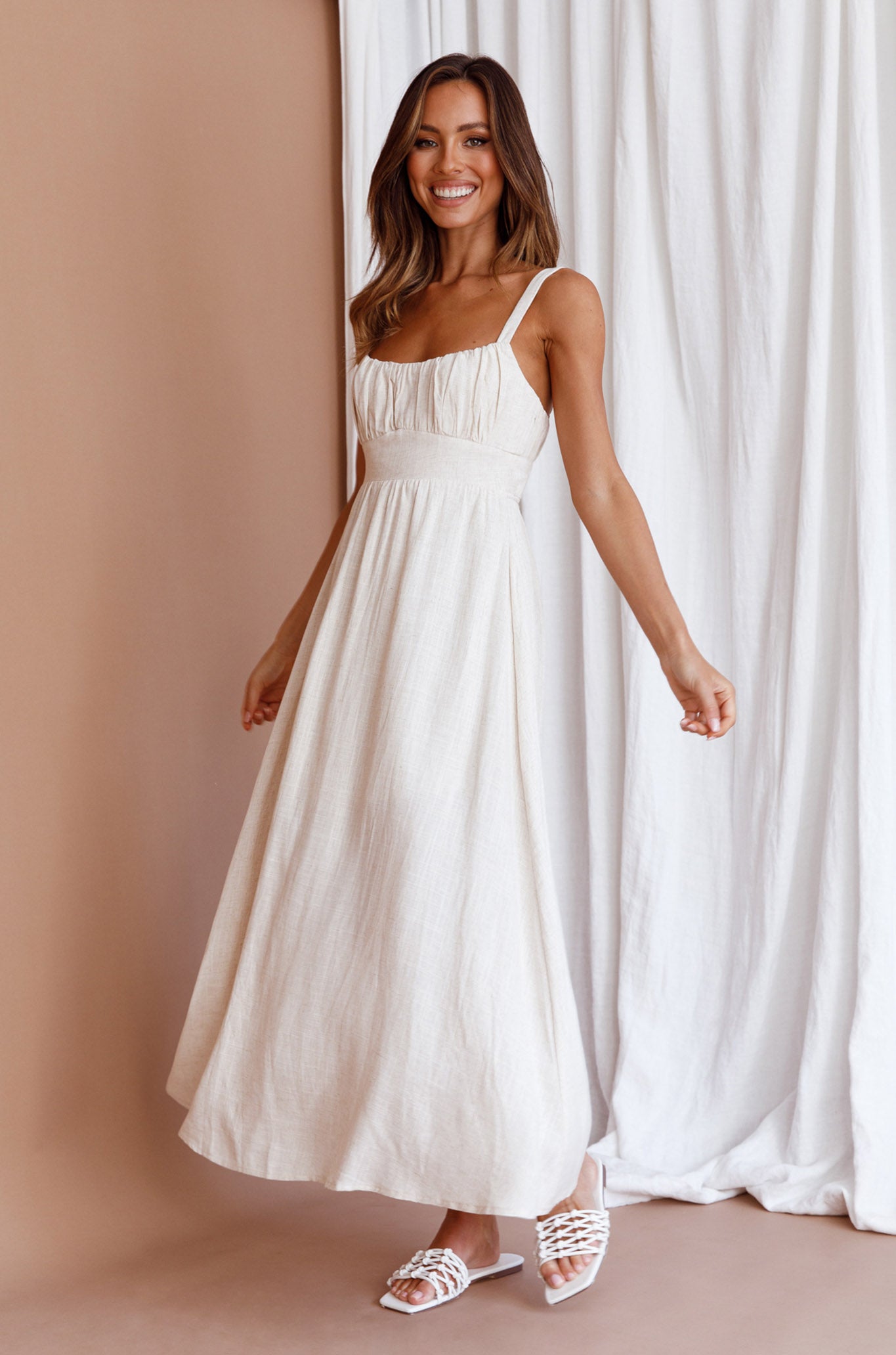 Roberta Gathered Bust Midi Dress Natural-Maymioy