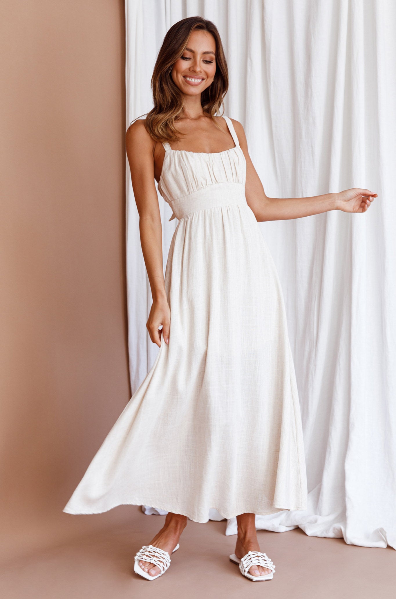 Roberta Gathered Bust Midi Dress Natural-Maymioy