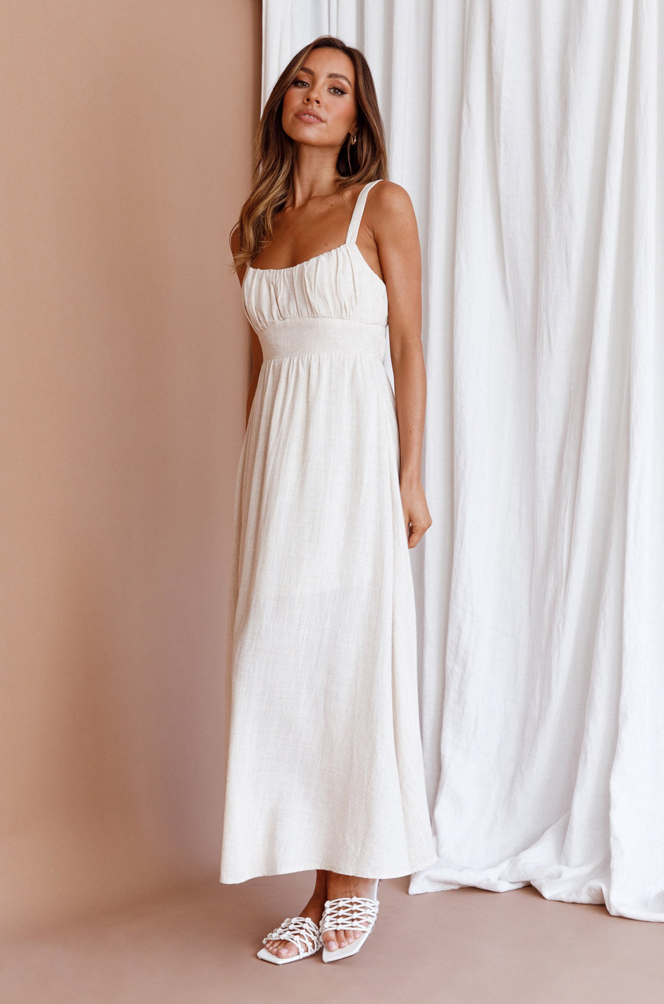 Roberta Gathered Bust Midi Dress Natural-Maymioy