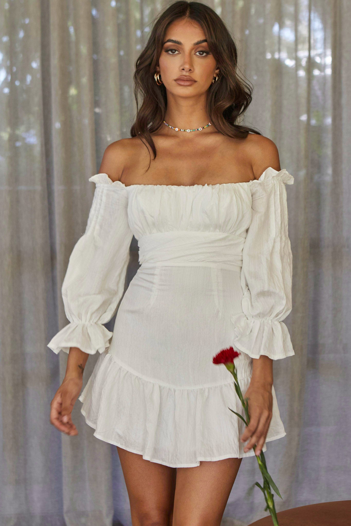 By My Side Off-Shoulder Balloon Sleeve Dress White-Maymioy