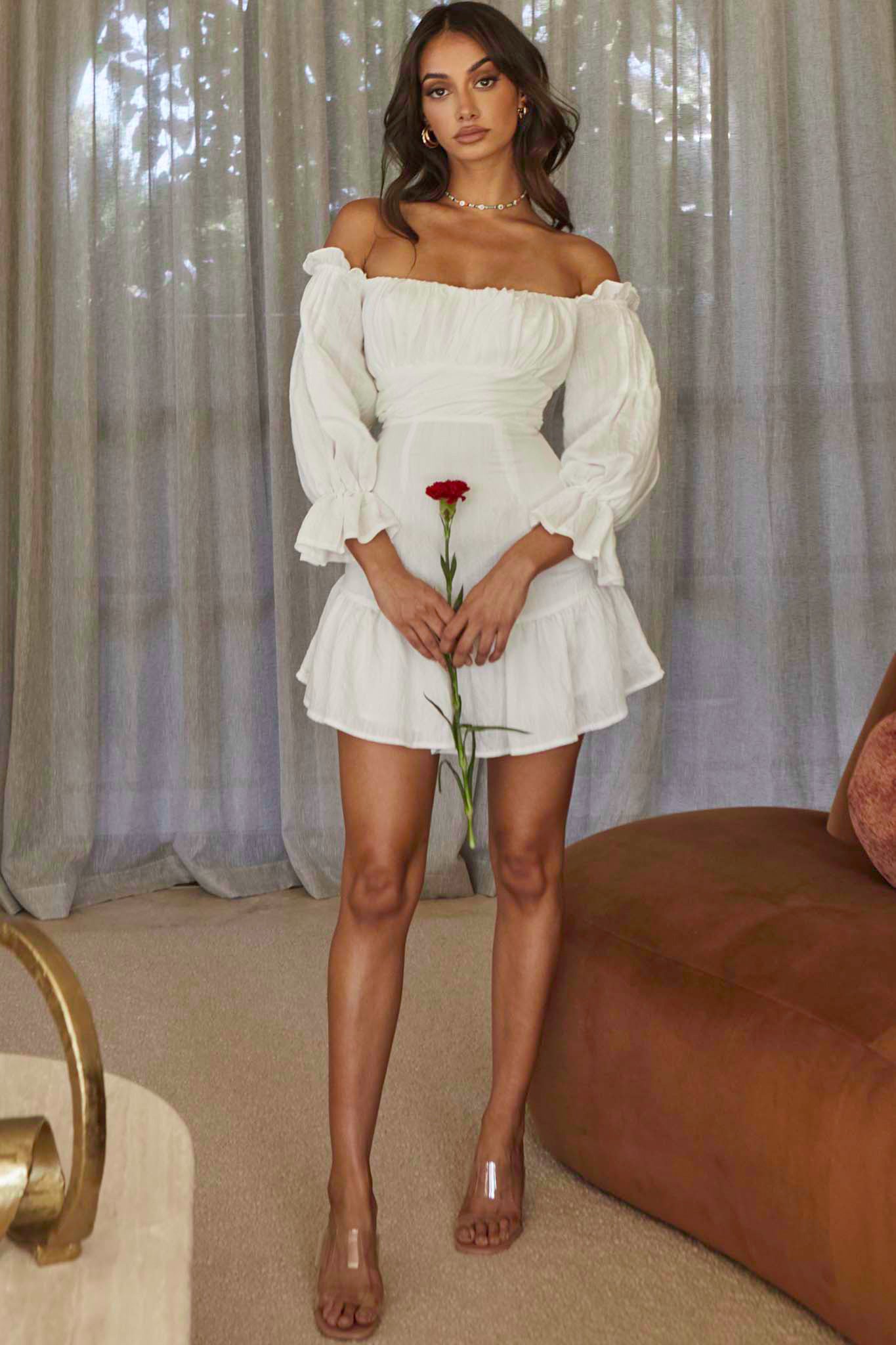 By My Side Off-Shoulder Balloon Sleeve Dress White-Maymioy