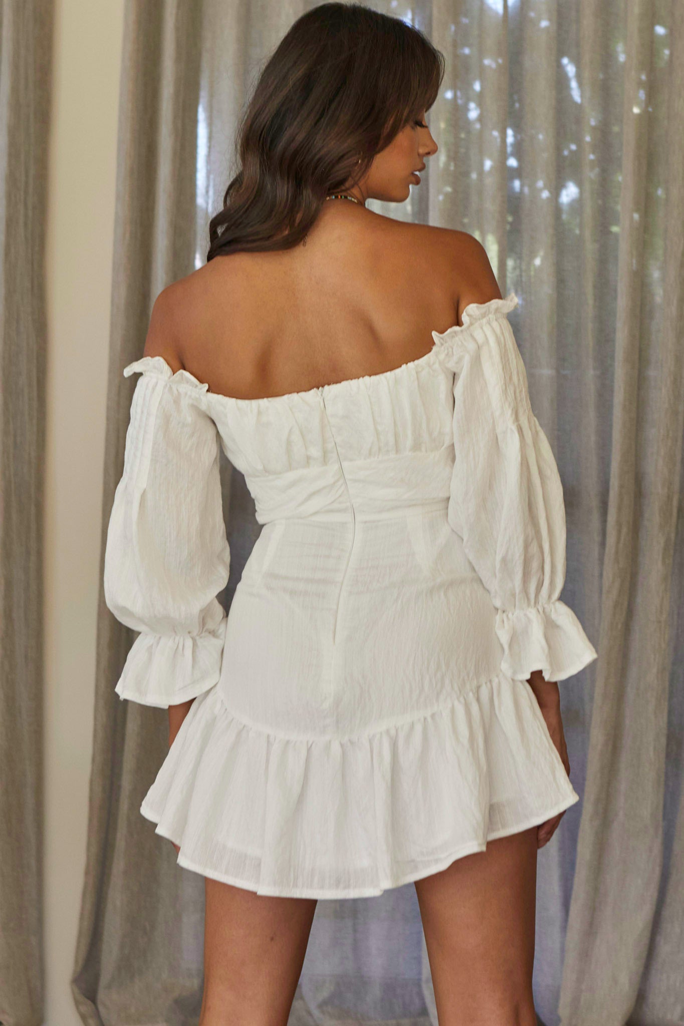 By My Side Off-Shoulder Balloon Sleeve Dress White-Maymioy