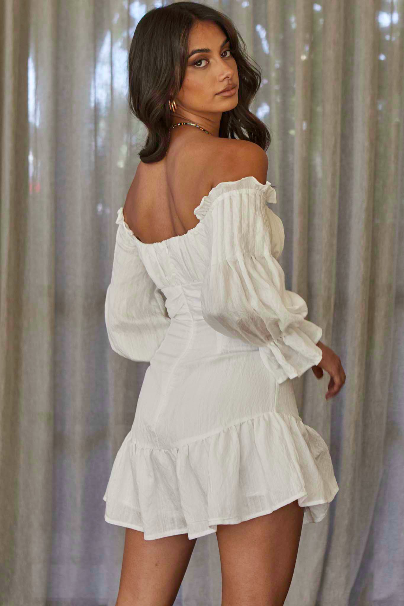 By My Side Off-Shoulder Balloon Sleeve Dress White-Maymioy