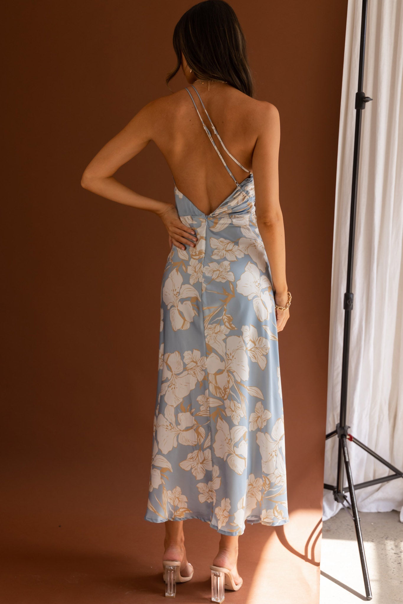 Casa Del Mar One-Shoulder Ruched Midi Dress Floral Blue-Maymioy