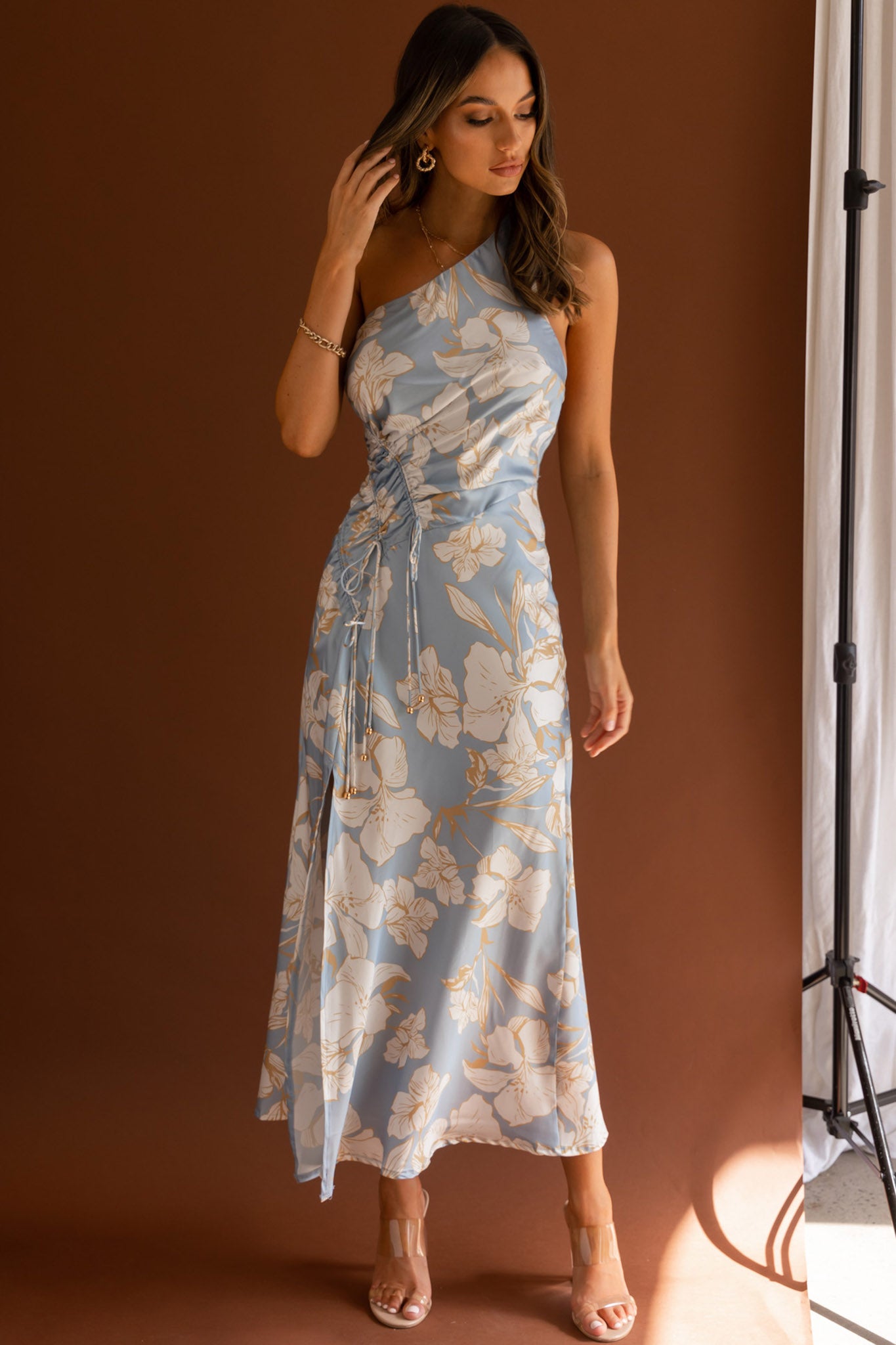 Casa Del Mar One-Shoulder Ruched Midi Dress Floral Blue-Maymioy