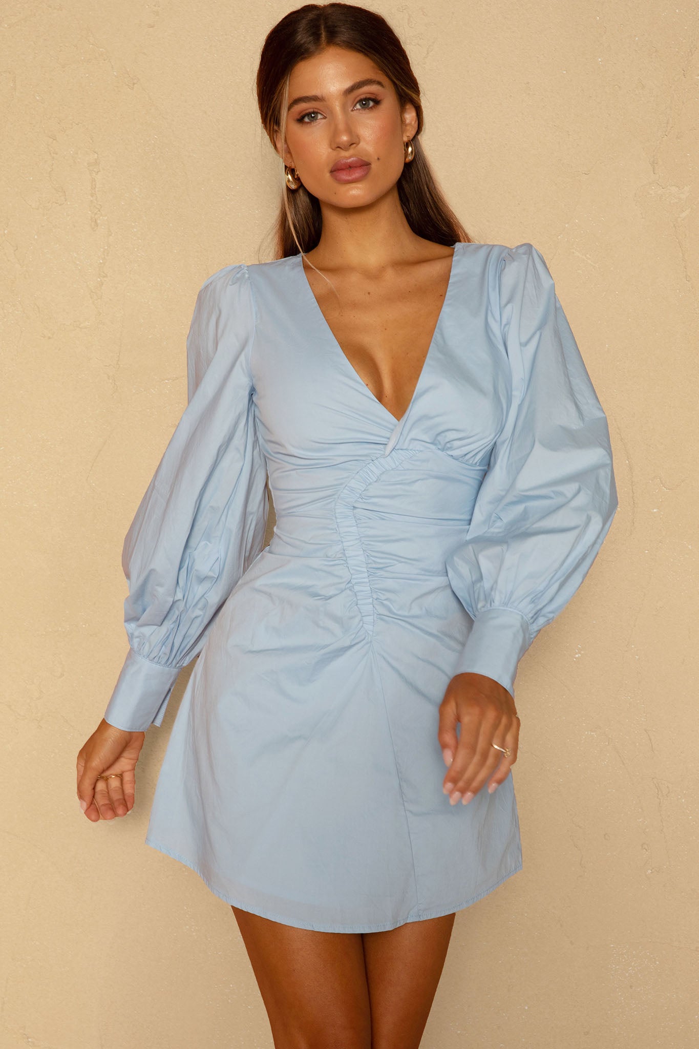 Josie Long Sleeved Ruched Feature Mini Dress Blue-Maymioy