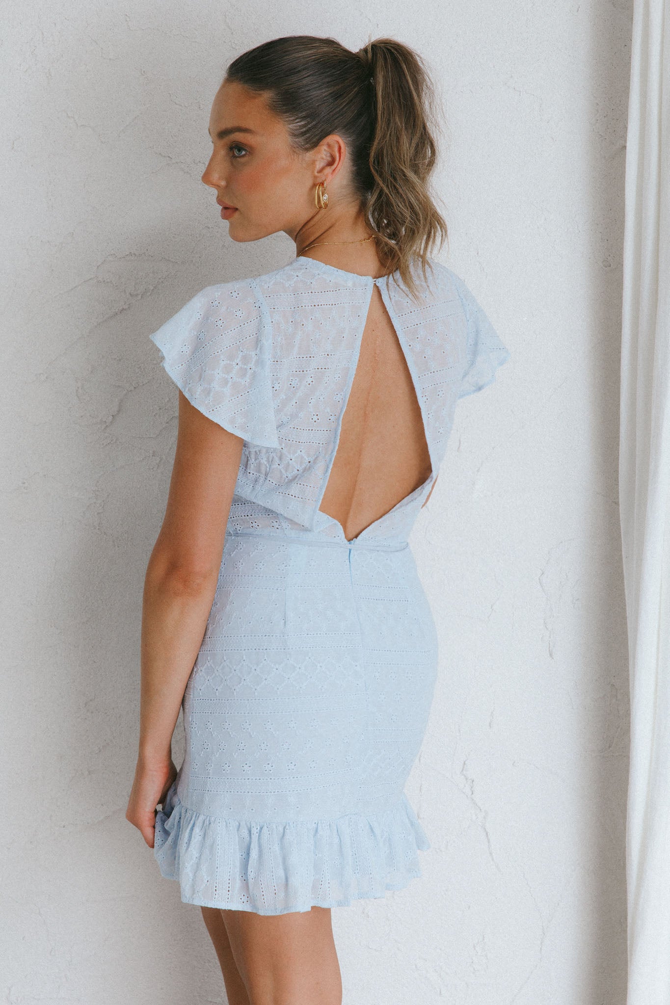 Moving On Flutter Sleeve String Tie Waist Eyelet Mini Dress Steel Blue-Maymioy