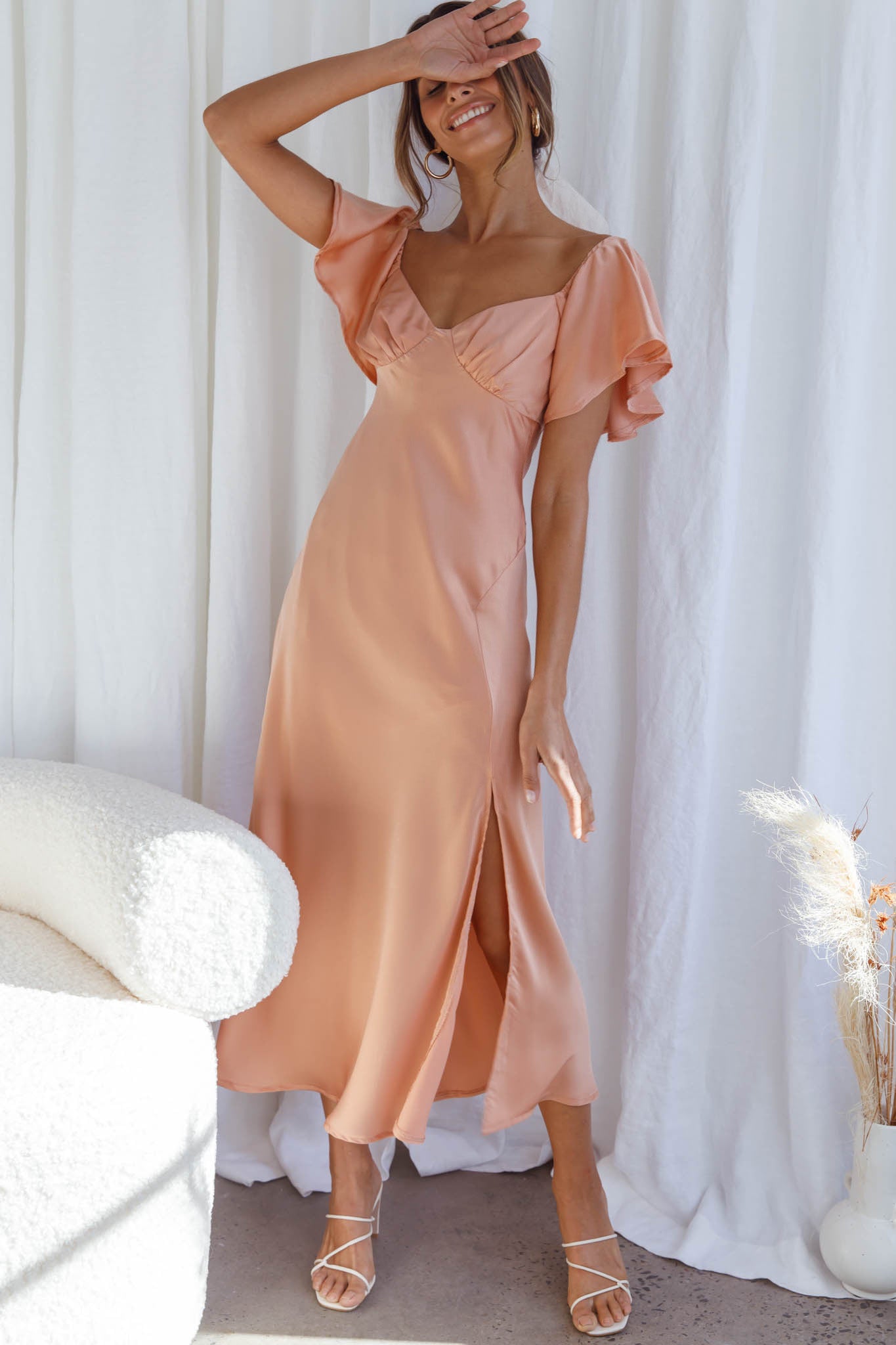 Park Avenue Flutter Sleeve Side Split Midi Dress Apricot-Maymioy