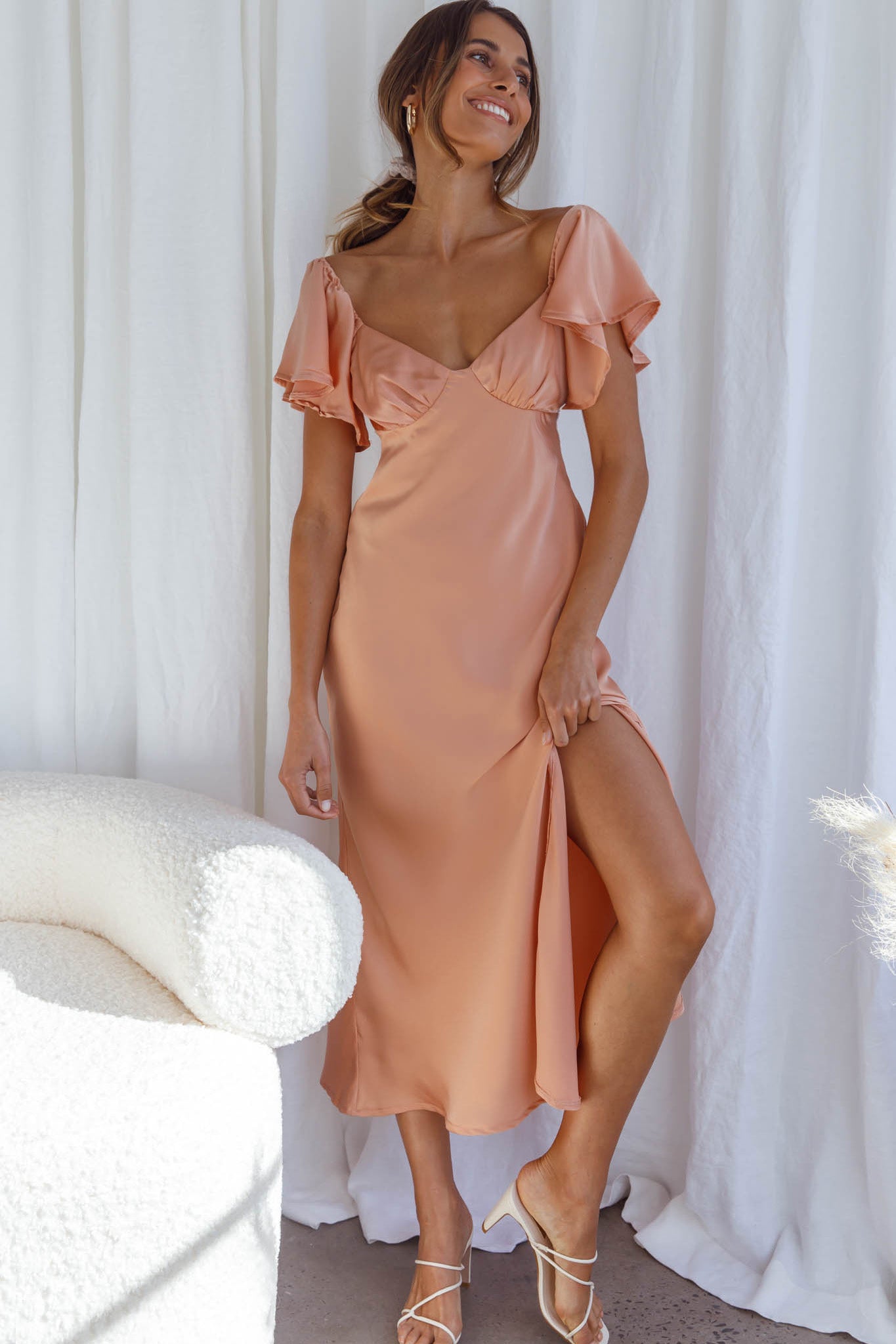 Park Avenue Flutter Sleeve Side Split Midi Dress Apricot-Maymioy
