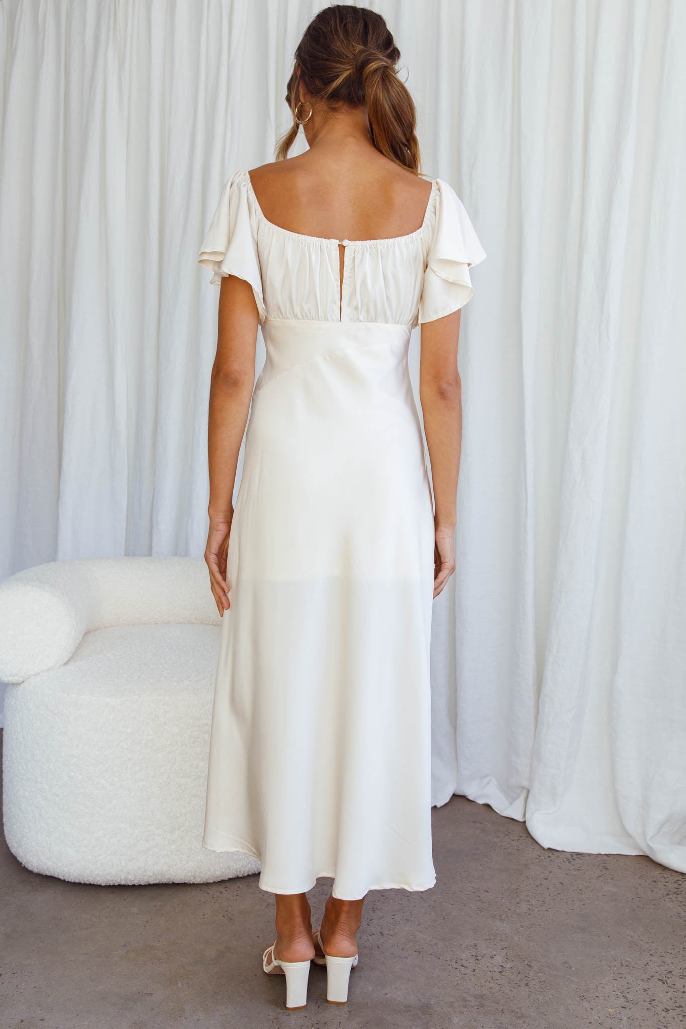 Park Avenue Flutter Sleeve Side Split Midi Dress Ivory-Maymioy