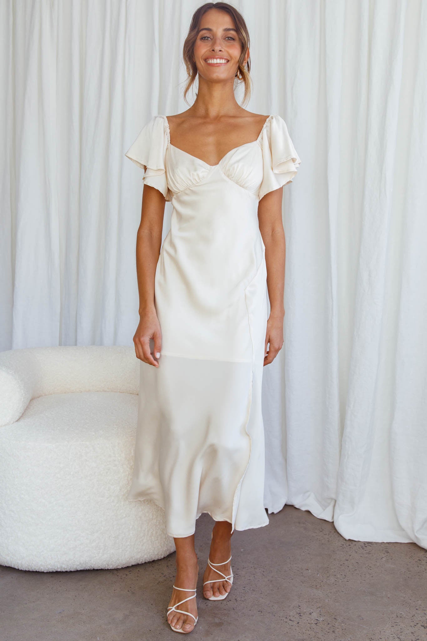 Park Avenue Flutter Sleeve Side Split Midi Dress Ivory-Maymioy