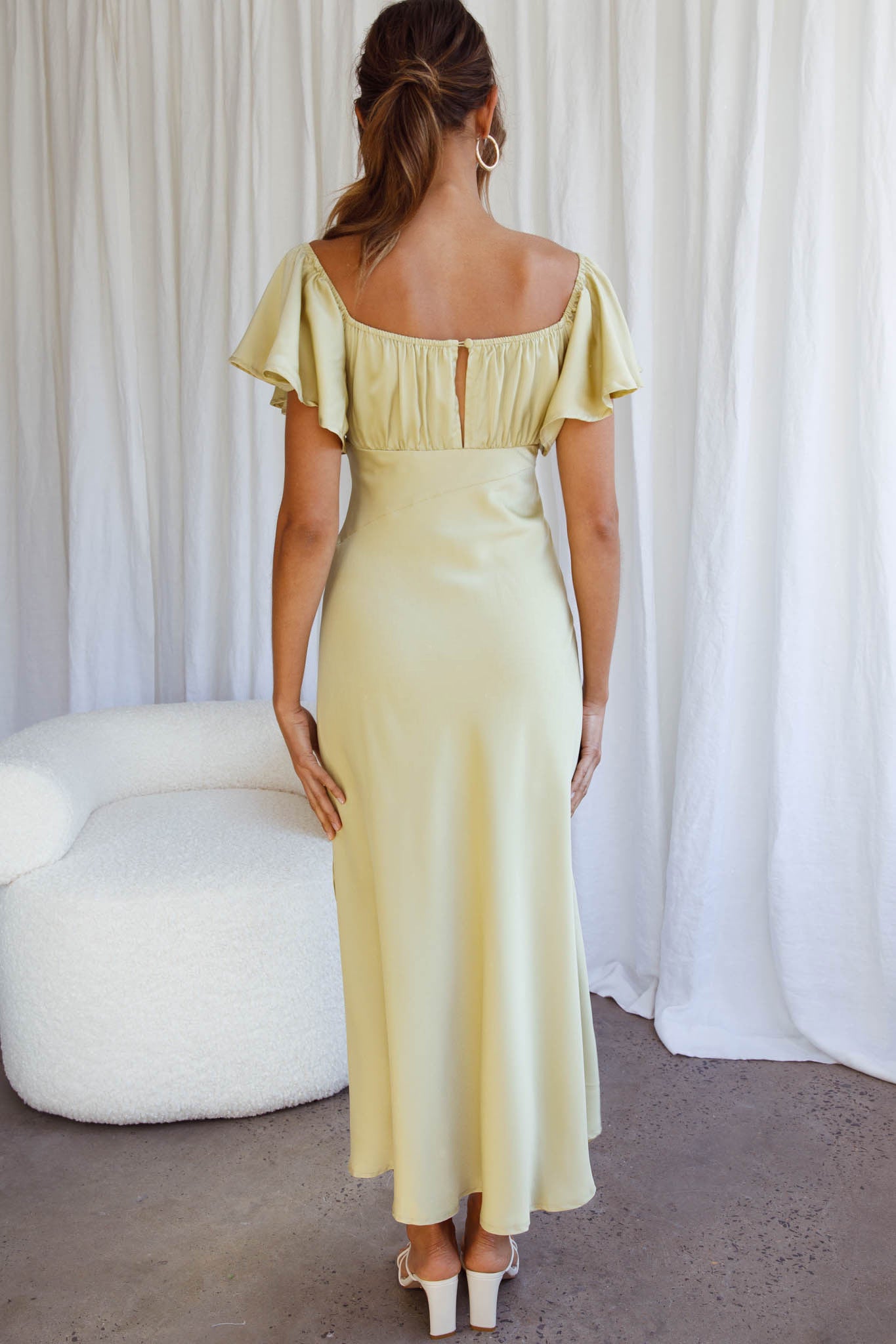 Park Avenue Flutter Sleeve Side Split Midi Dress Matcha-Maymioy