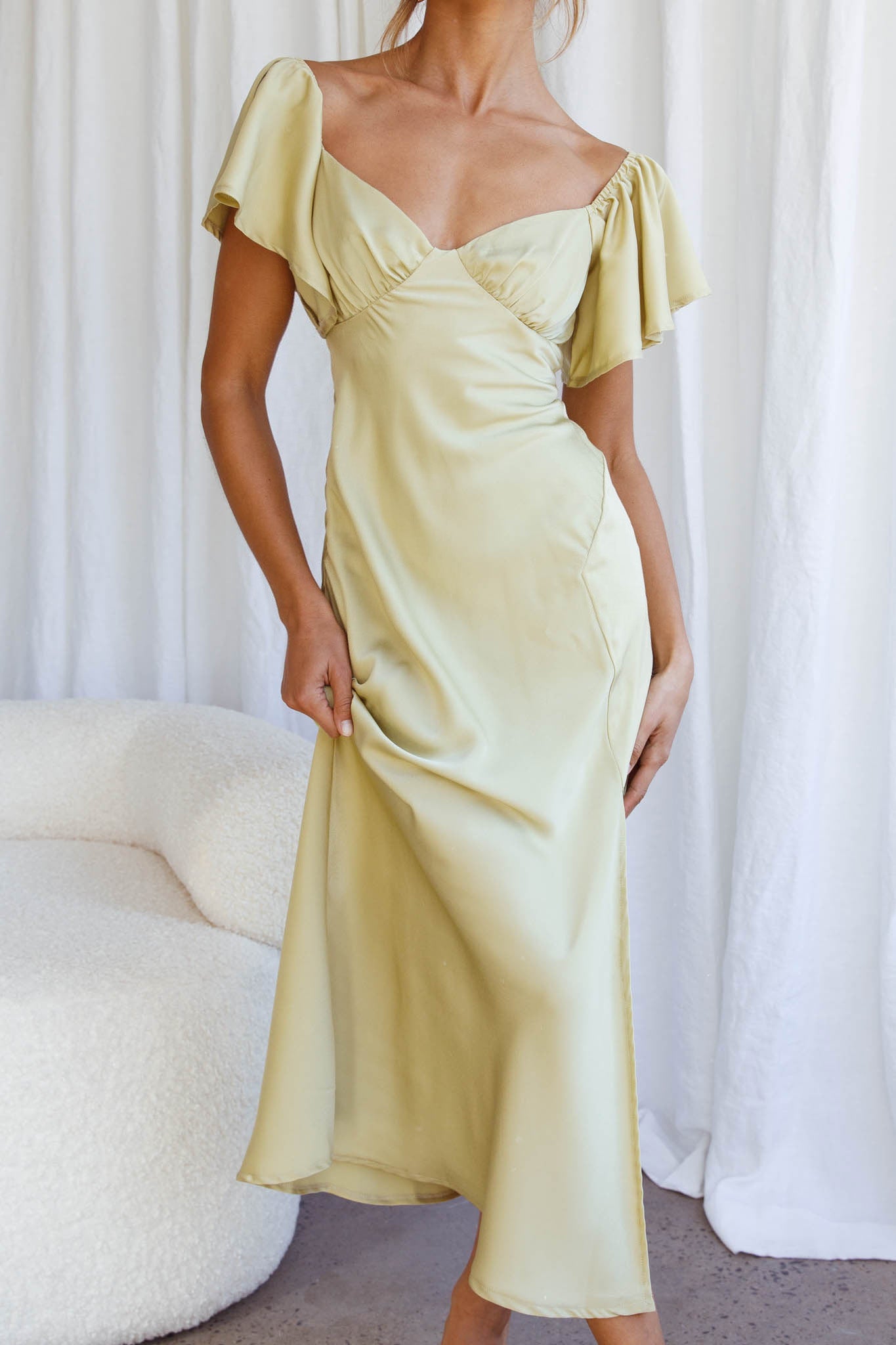 Park Avenue Flutter Sleeve Side Split Midi Dress Matcha-Maymioy