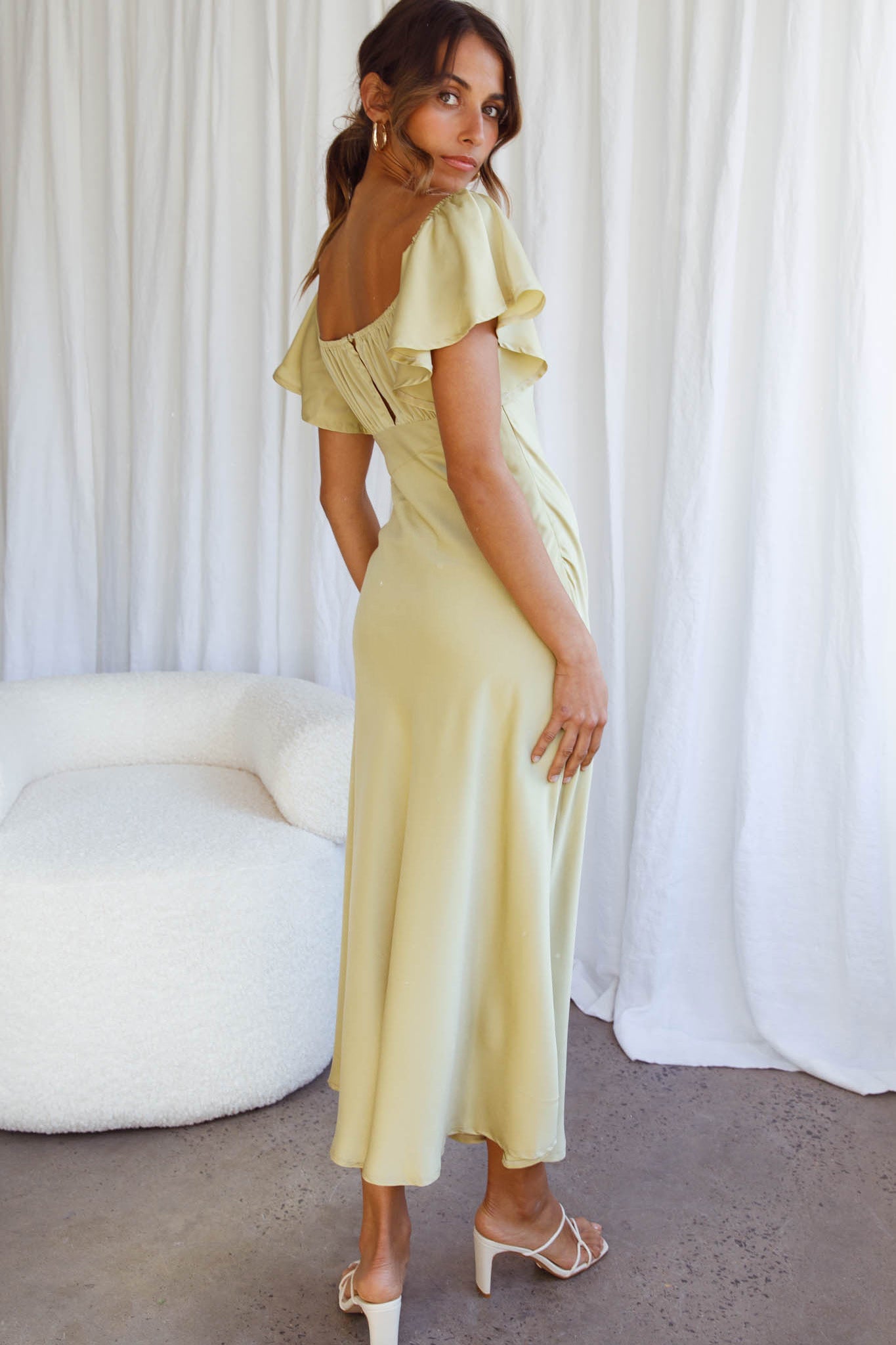 Park Avenue Flutter Sleeve Side Split Midi Dress Matcha-Maymioy