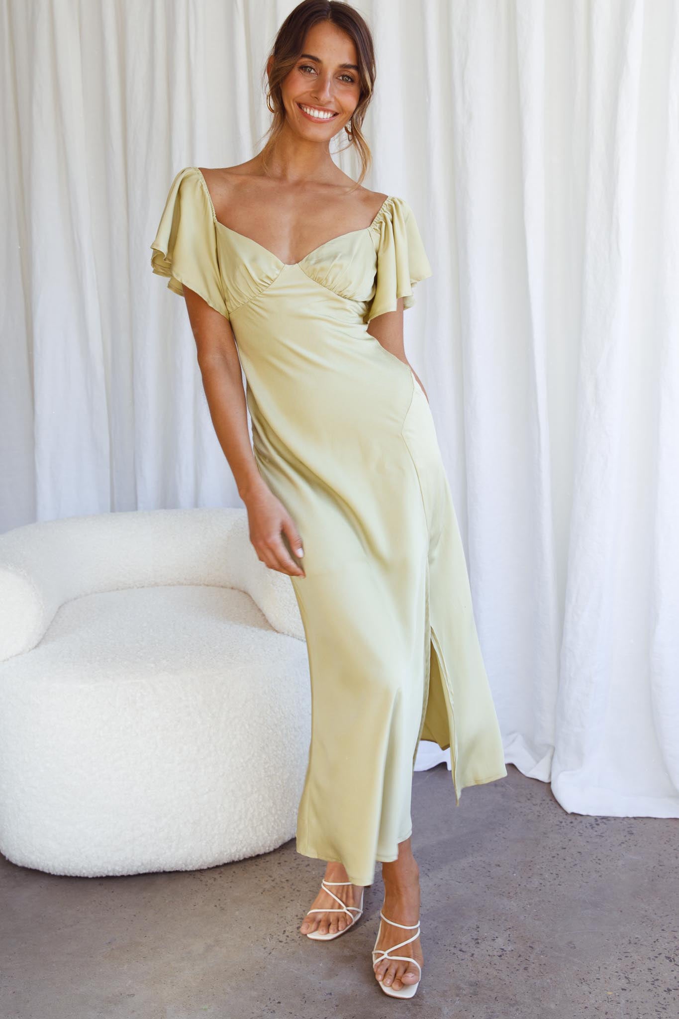 Park Avenue Flutter Sleeve Side Split Midi Dress Matcha-Maymioy