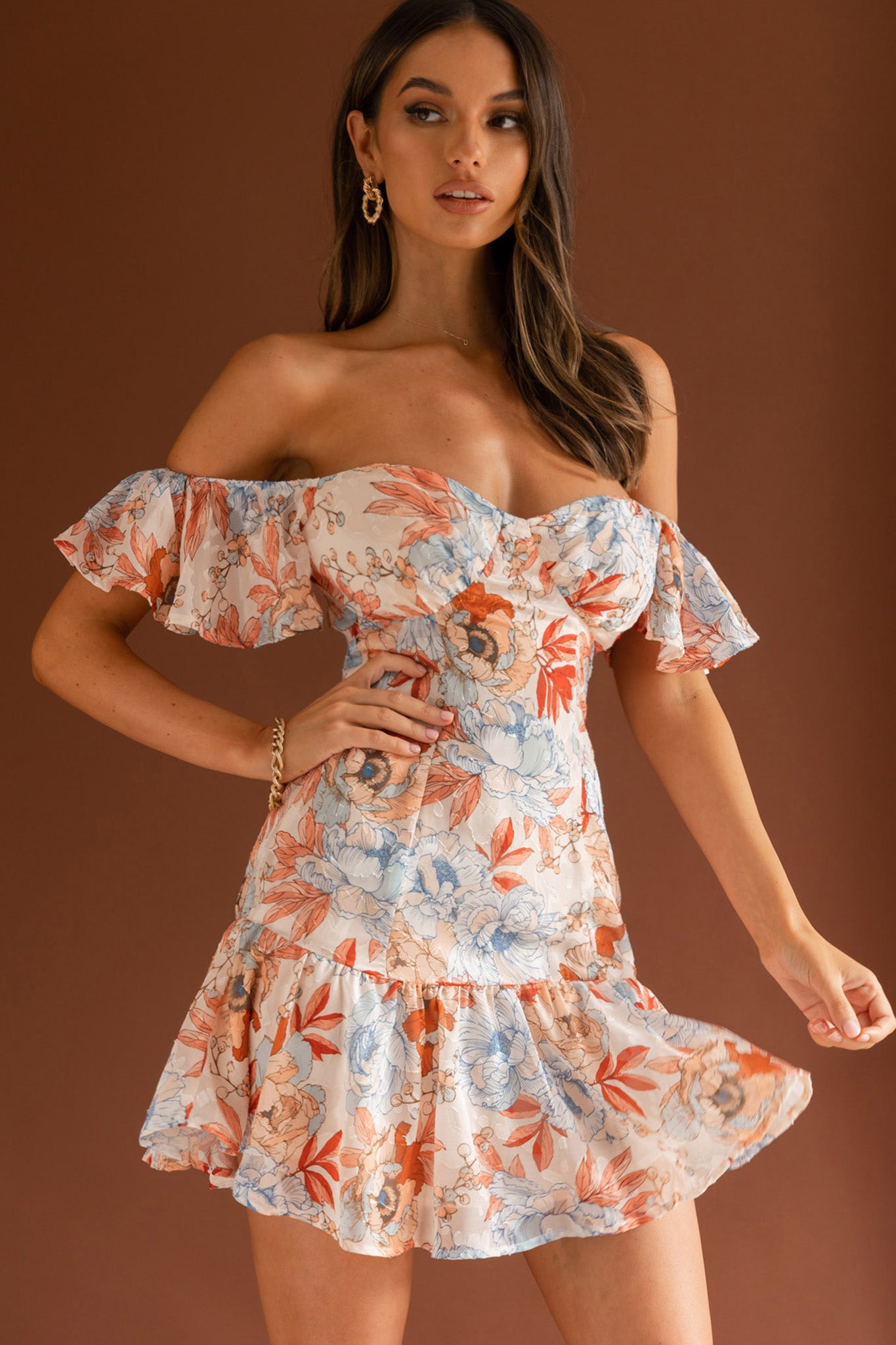 Park Avenue Flutter Sleeve Mini Dress Floral Peach-Maymioy