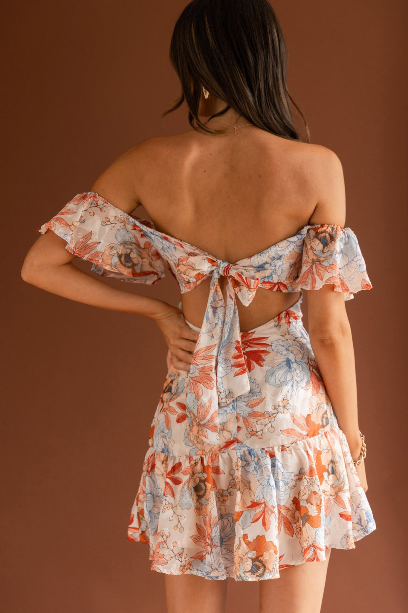 Park Avenue Flutter Sleeve Mini Dress Floral Peach-Maymioy