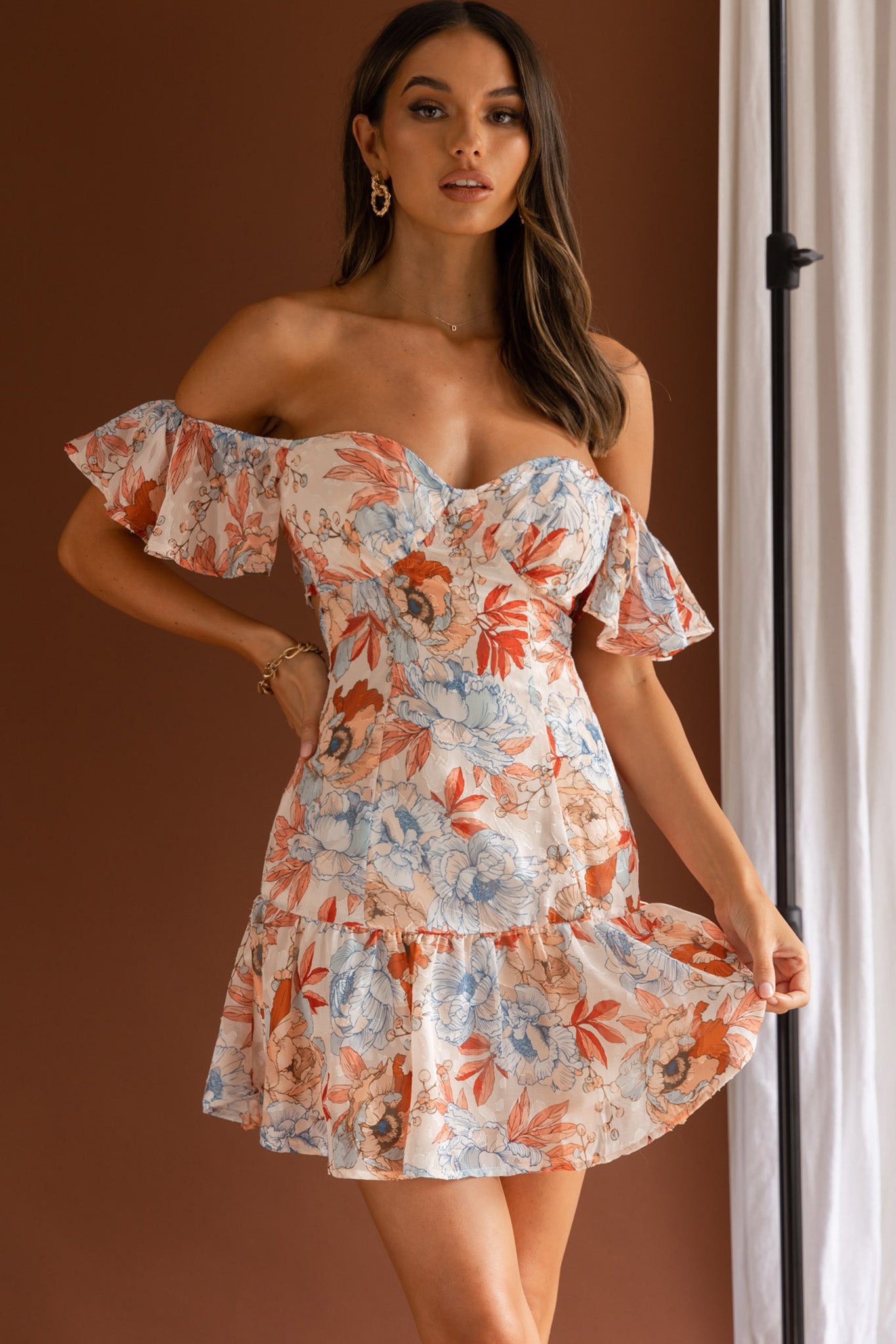 Park Avenue Flutter Sleeve Mini Dress Floral Peach-Maymioy