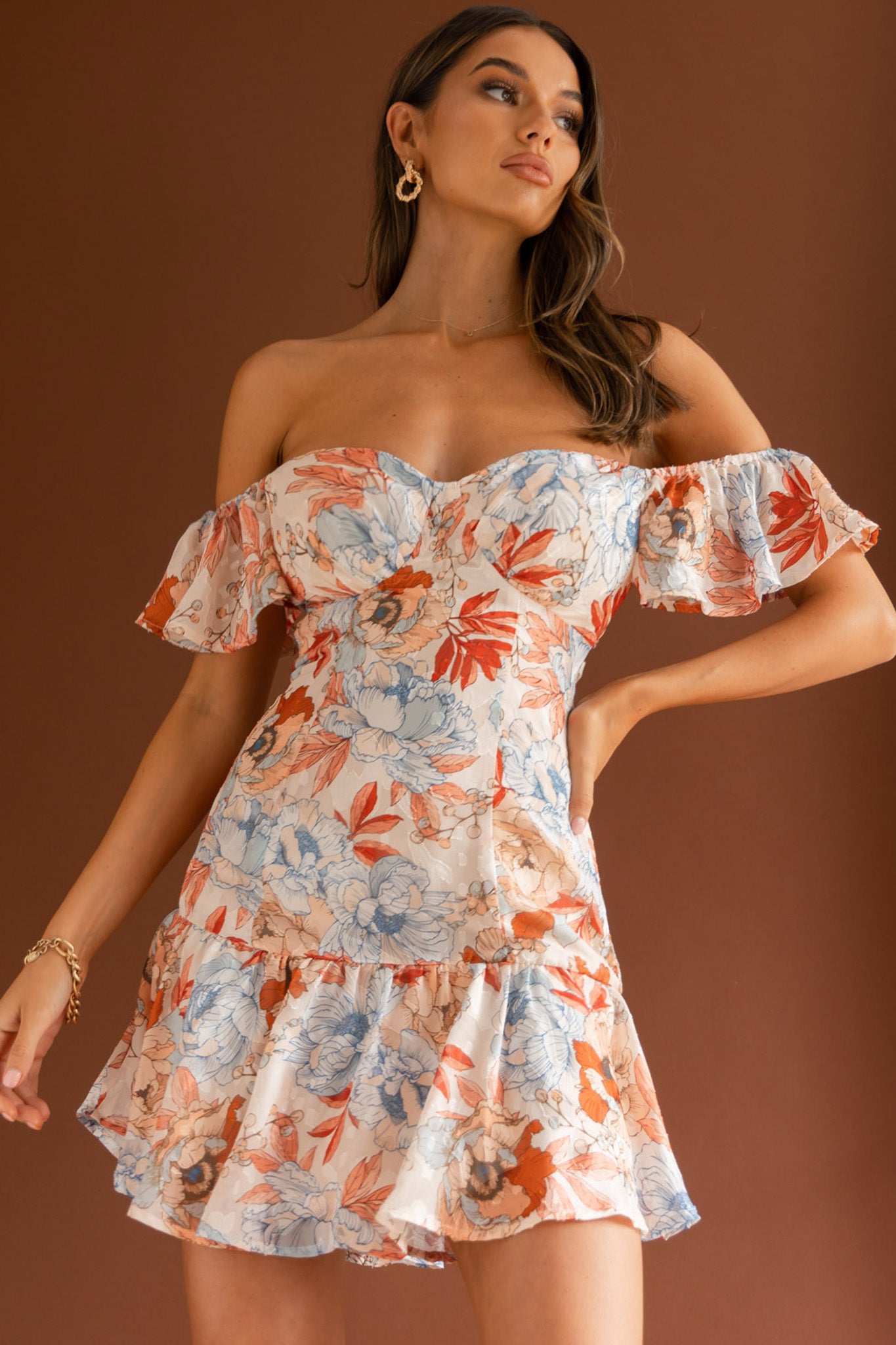 Park Avenue Flutter Sleeve Mini Dress Floral Peach-Maymioy