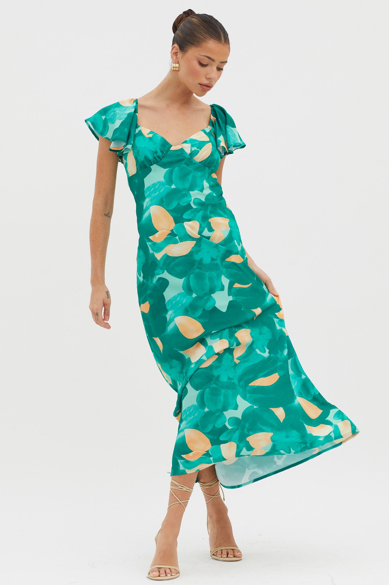 Park Avenue Flutter Sleeve Midi Dress Abstract Green-Maymioy