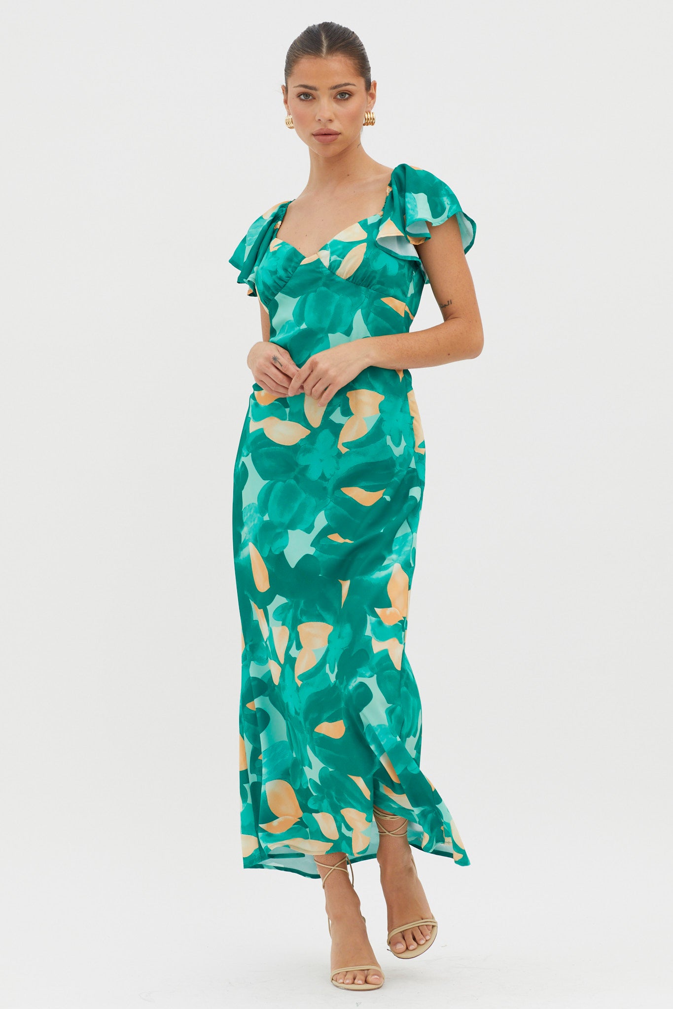 Park Avenue Flutter Sleeve Midi Dress Abstract Green-Maymioy