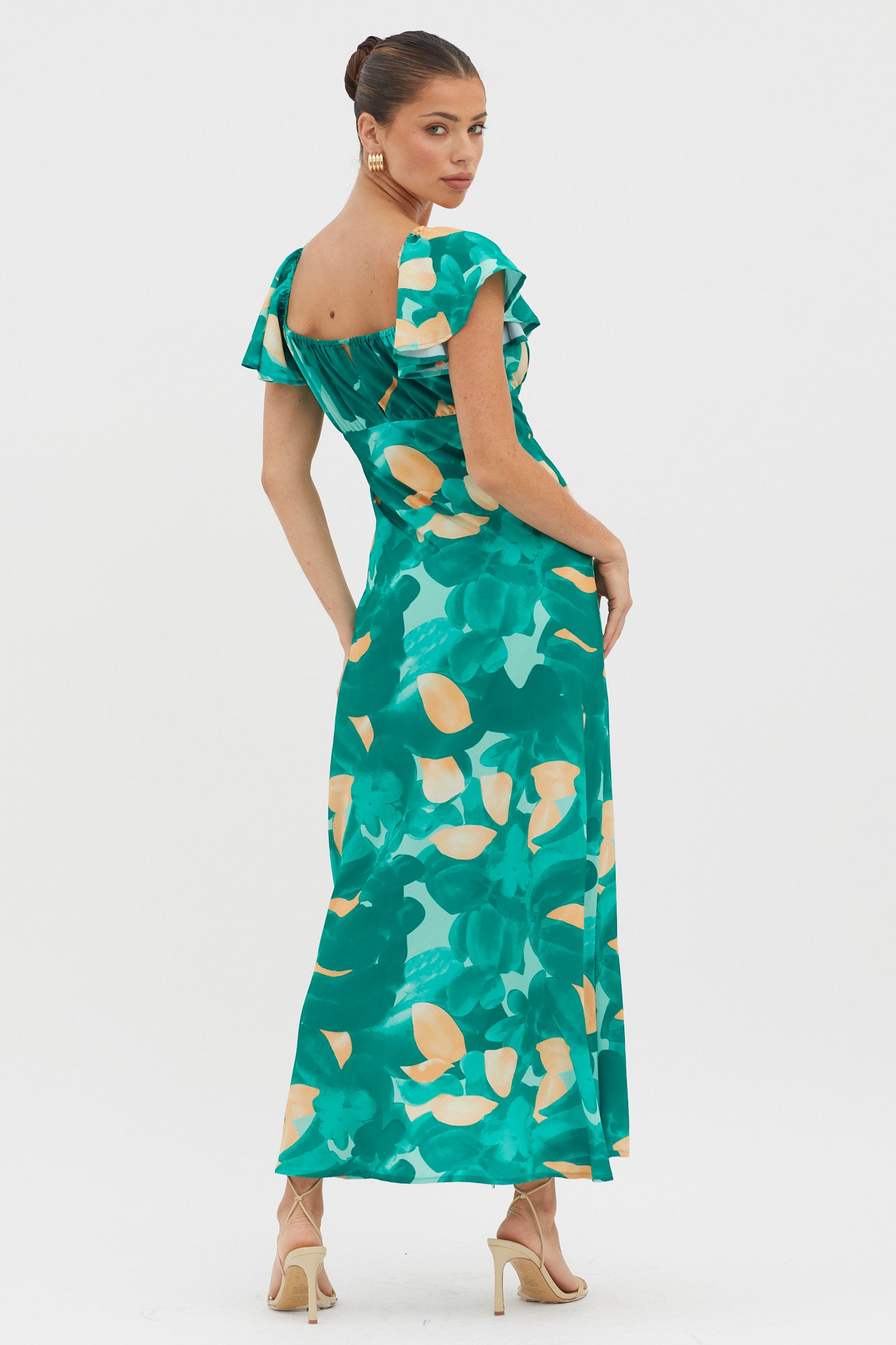 Park Avenue Flutter Sleeve Midi Dress Abstract Green-Maymioy