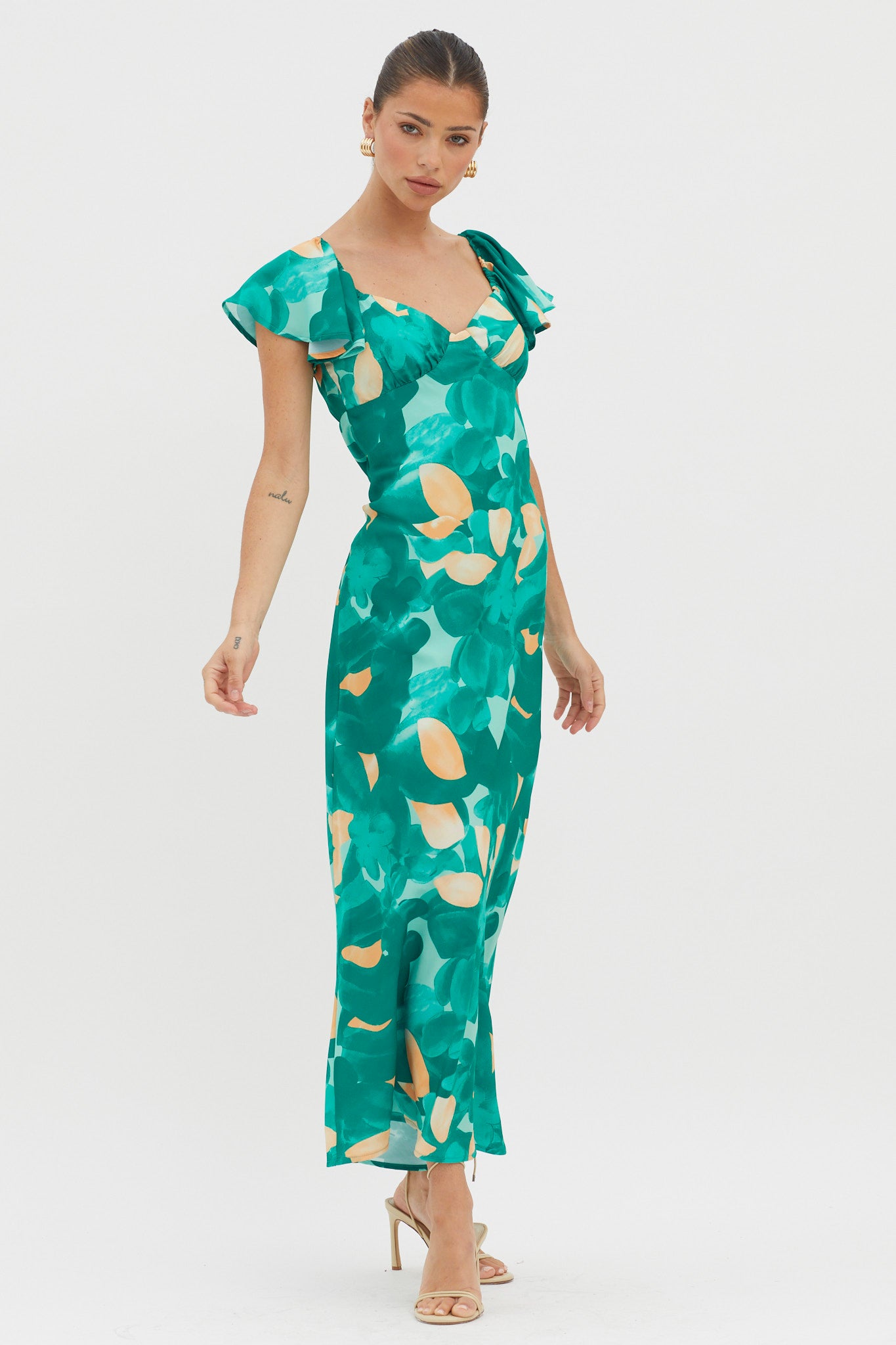 Park Avenue Flutter Sleeve Midi Dress Abstract Green-Maymioy