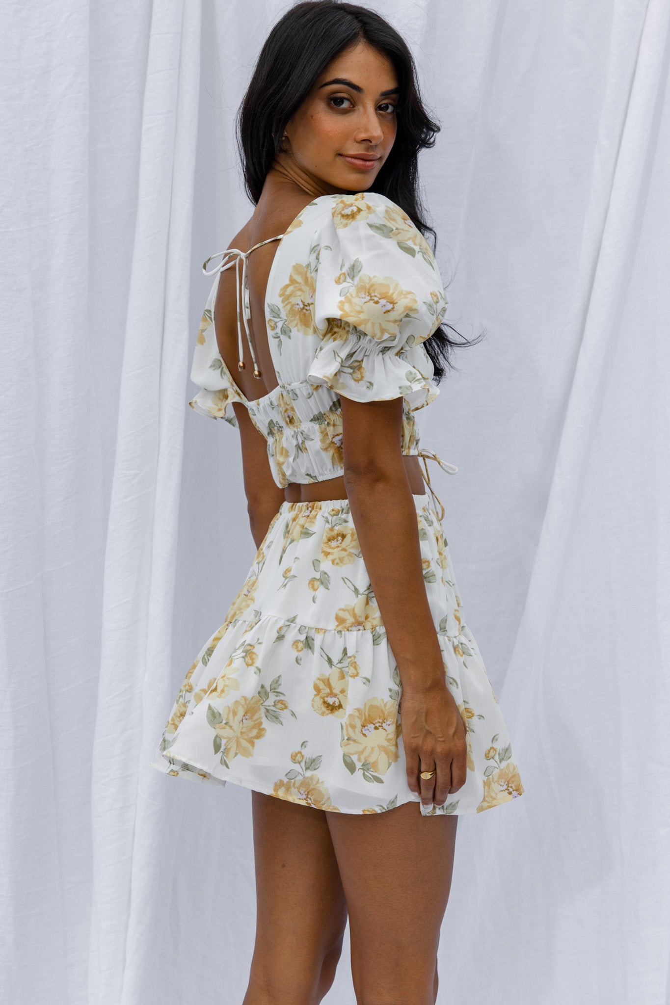 Lilibet Puff Sleeve Drawstring Crop Top Floral White-Maymioy
