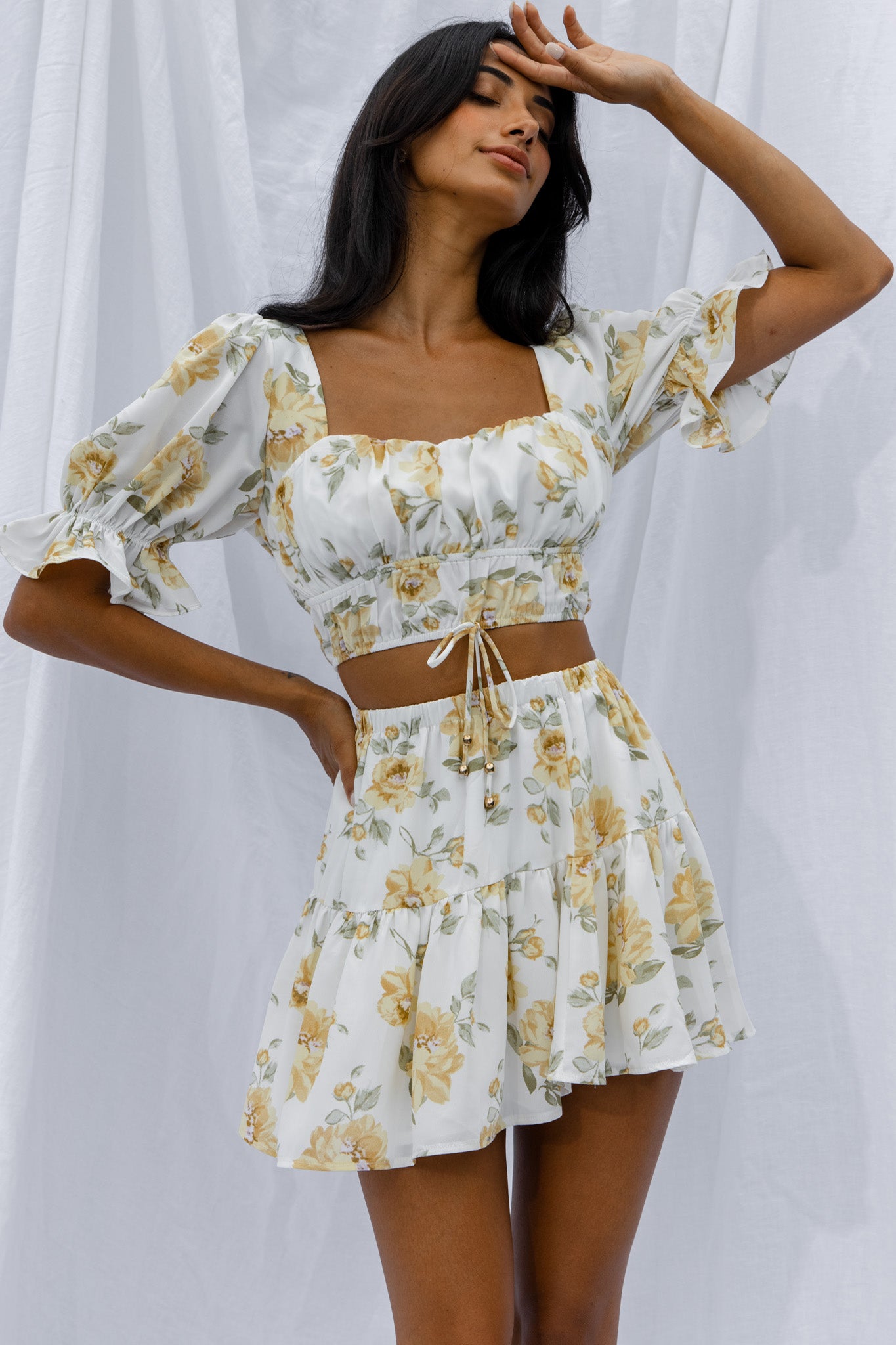 Lilibet Puff Sleeve Drawstring Crop Top Floral White-Maymioy