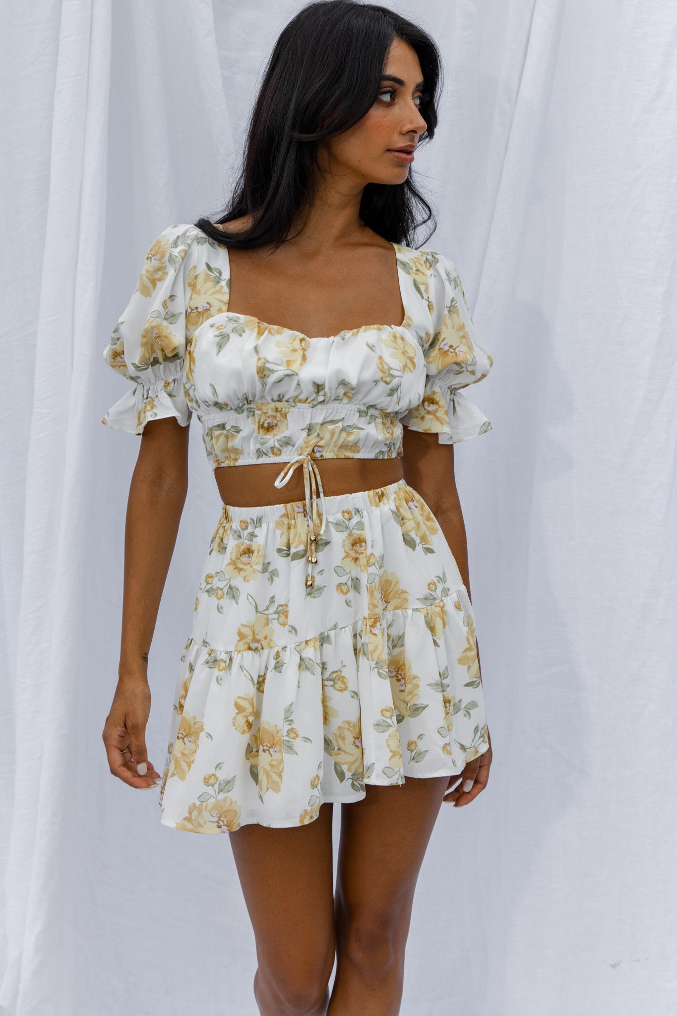 Lilibet Puff Sleeve Drawstring Crop Top Floral White-Maymioy