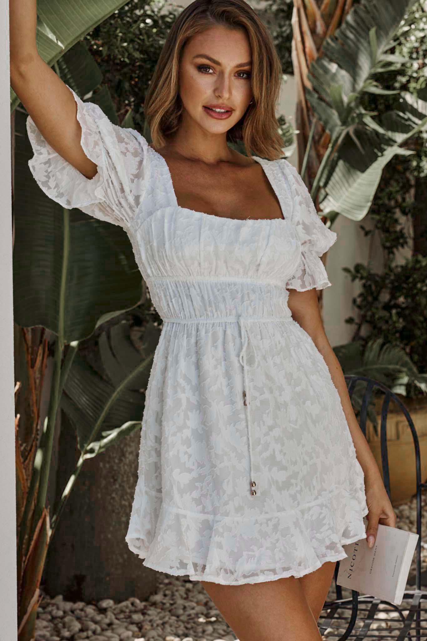 Lilibet Puff Sleeve Elasticated Waist Textured Dress White-Maymioy