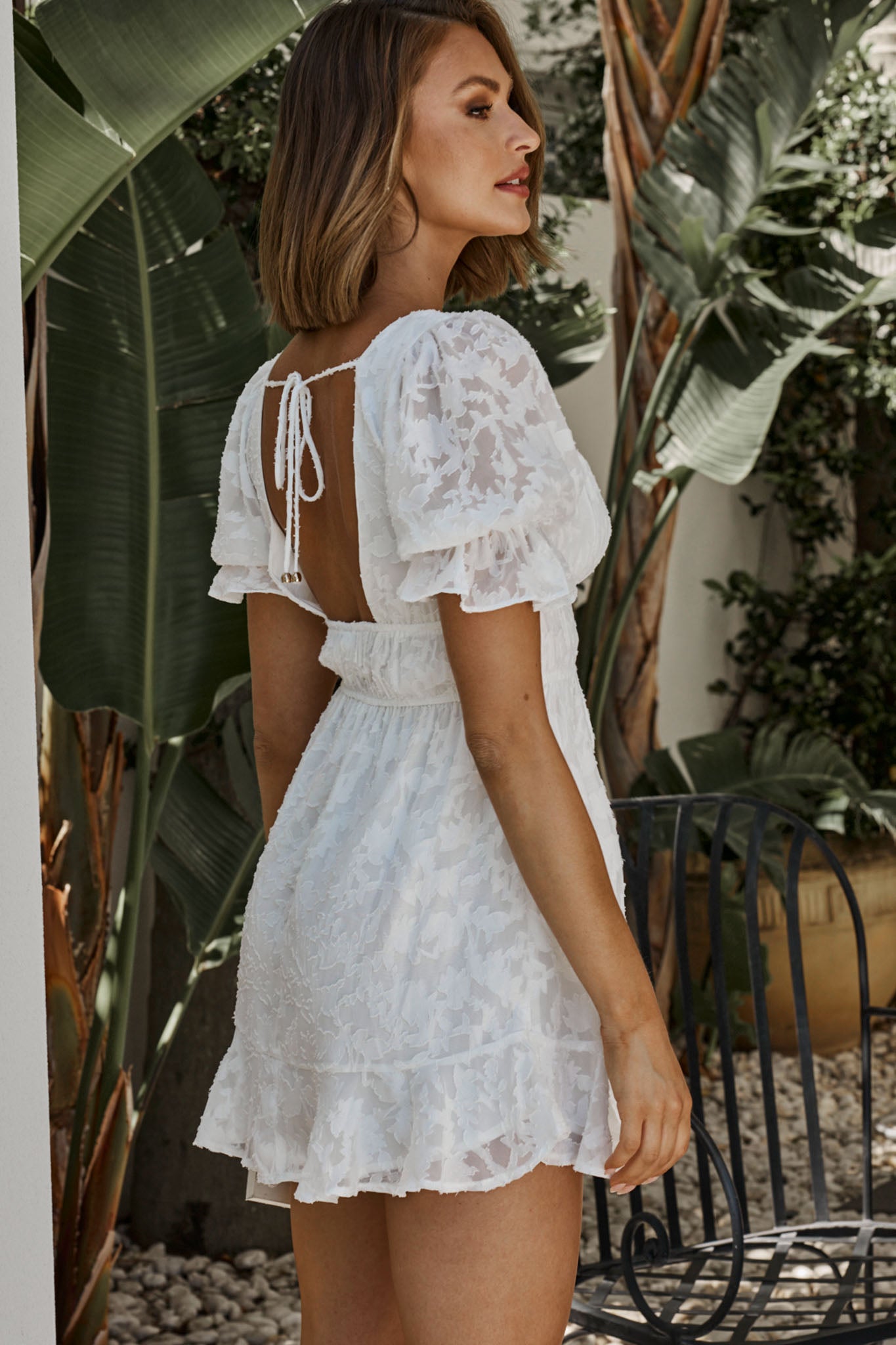 Lilibet Puff Sleeve Elasticated Waist Textured Dress White-Maymioy