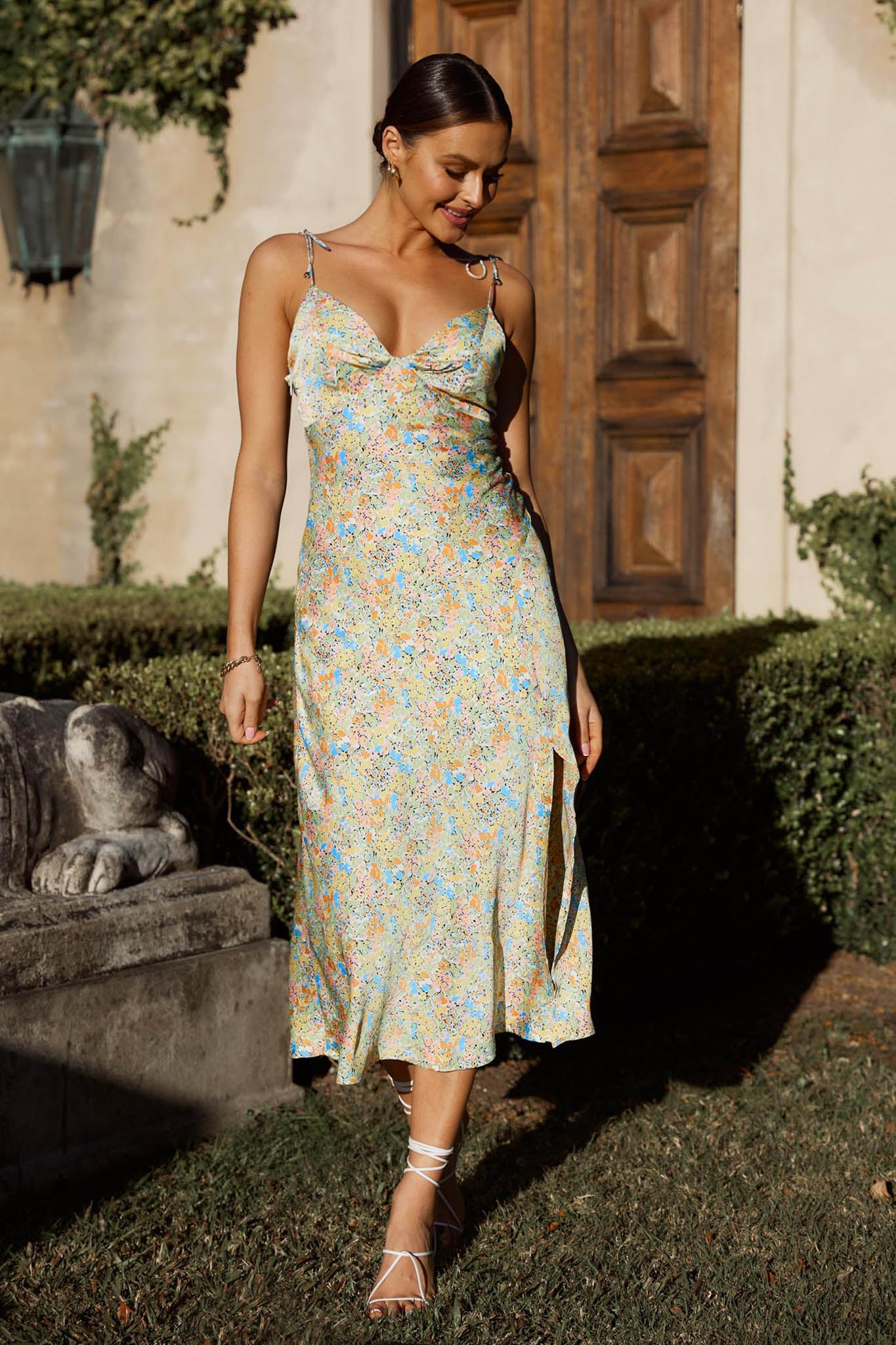 Uptown Girl String Tie Shoulder Front Split Midi Dress Yellow/Blue-Maymioy