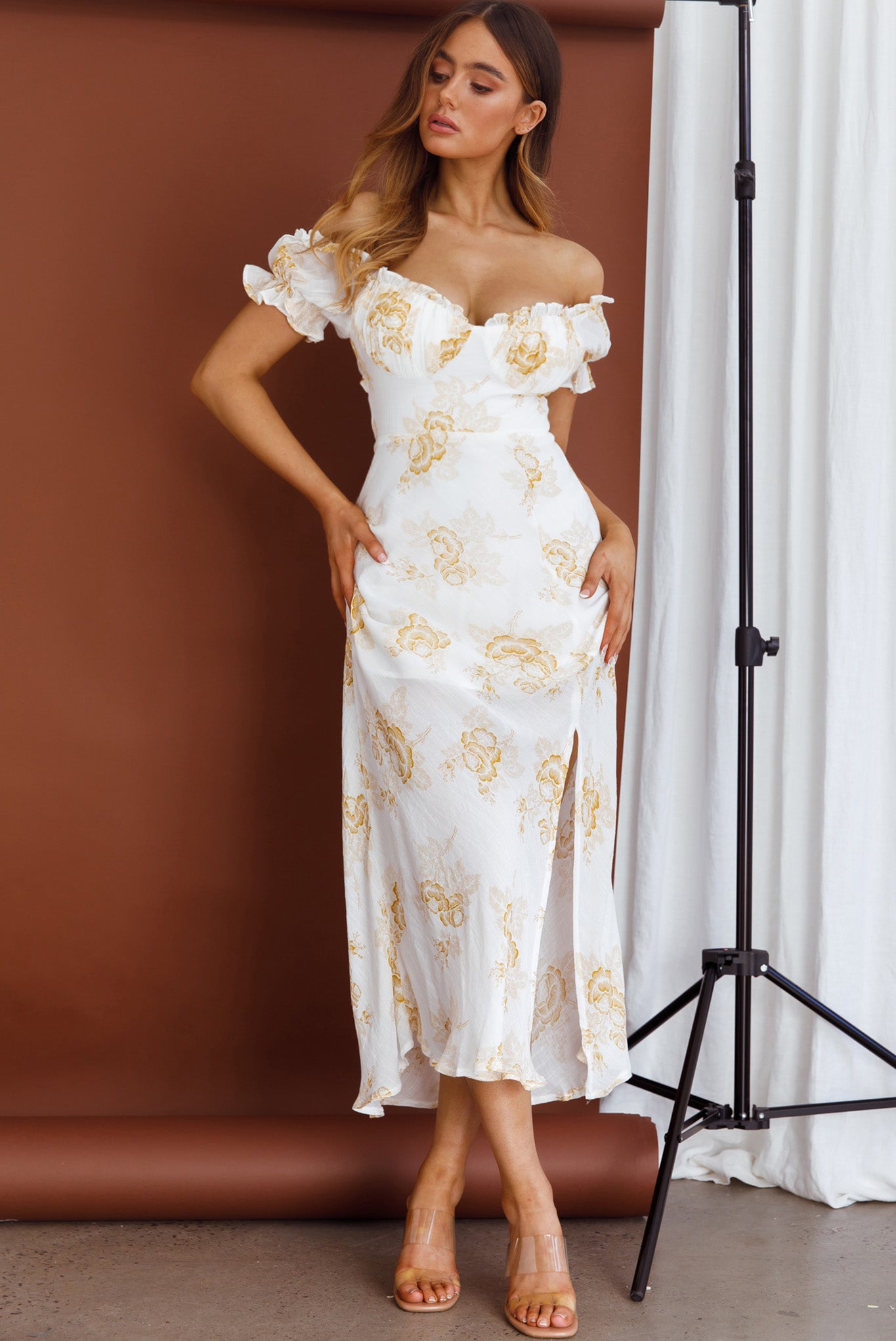 Pixie Puff Sleeve Midi Dress Floral Yellow-Maymioy