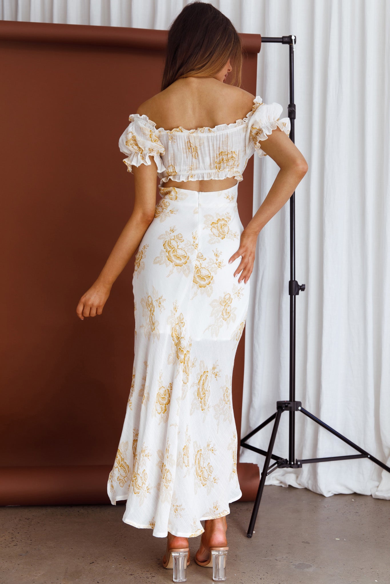 Pixie Puff Sleeve Midi Dress Floral Yellow-Maymioy