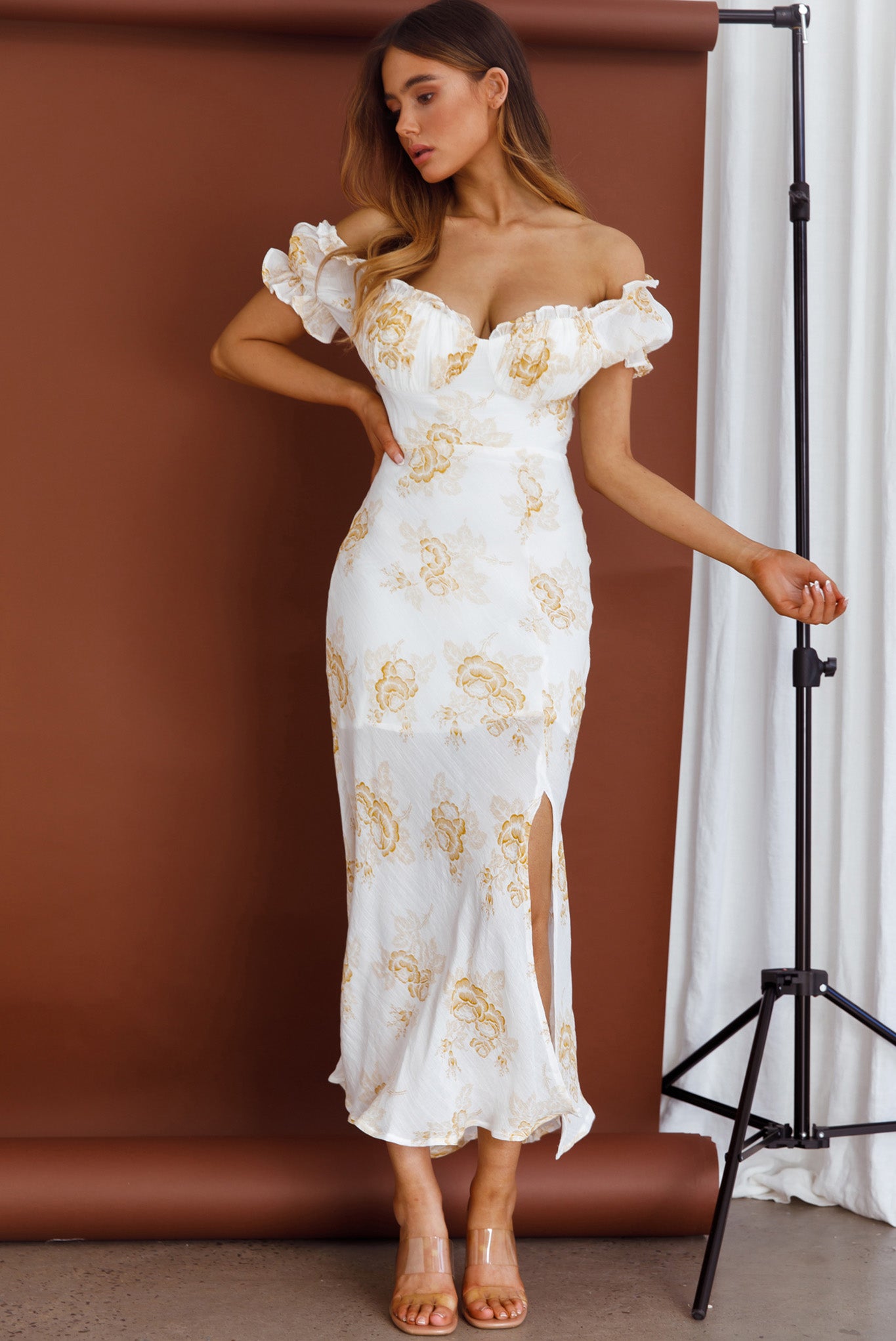 Pixie Puff Sleeve Midi Dress Floral Yellow-Maymioy
