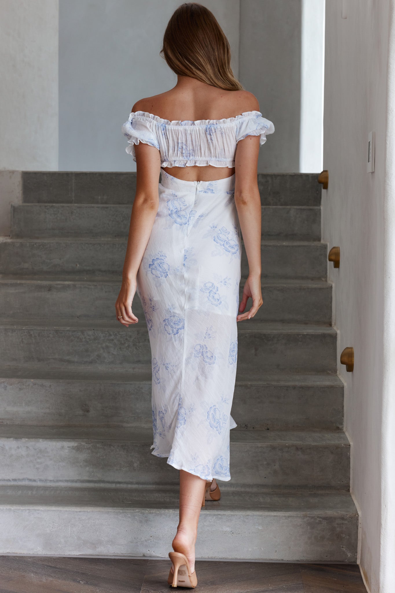 Pixie Puff Sleeve Midi Dress Floral Blue-Maymioy