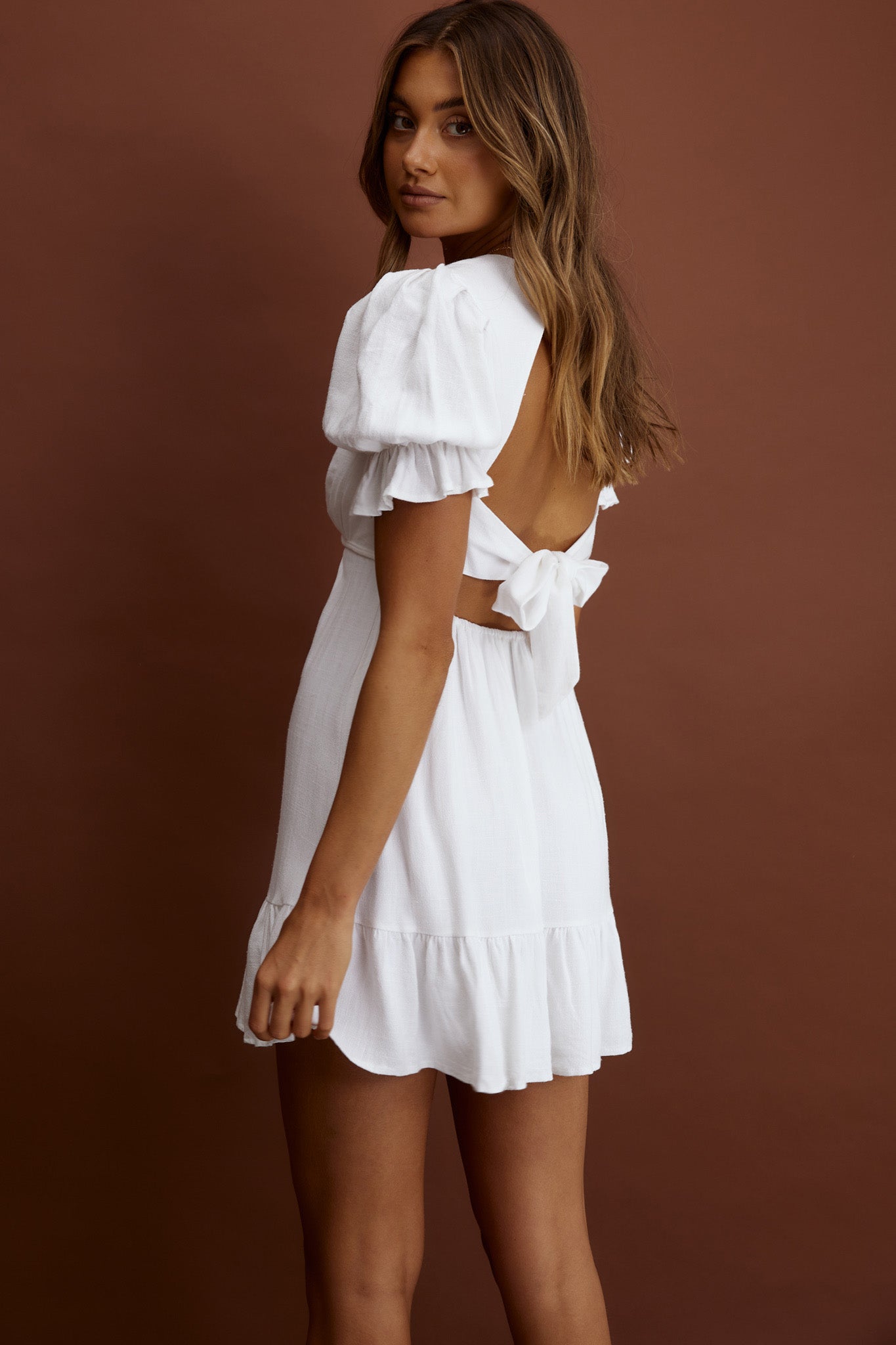 Nylah Puff Sleeve Tied Dress White-Maymioy