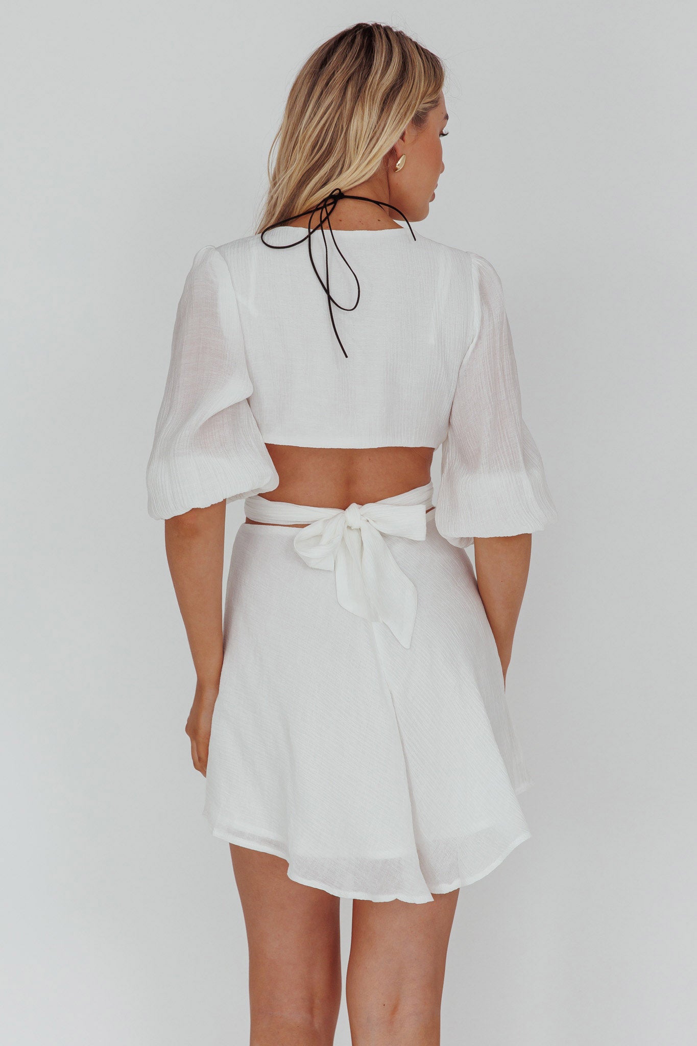 Sunshine Sweetie Cut-Out Waist Tie Feature Mini Dress White-Maymioy