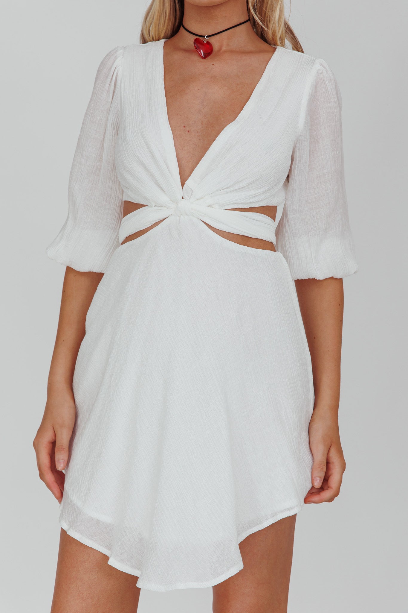 Sunshine Sweetie Cut-Out Waist Tie Feature Mini Dress White-Maymioy