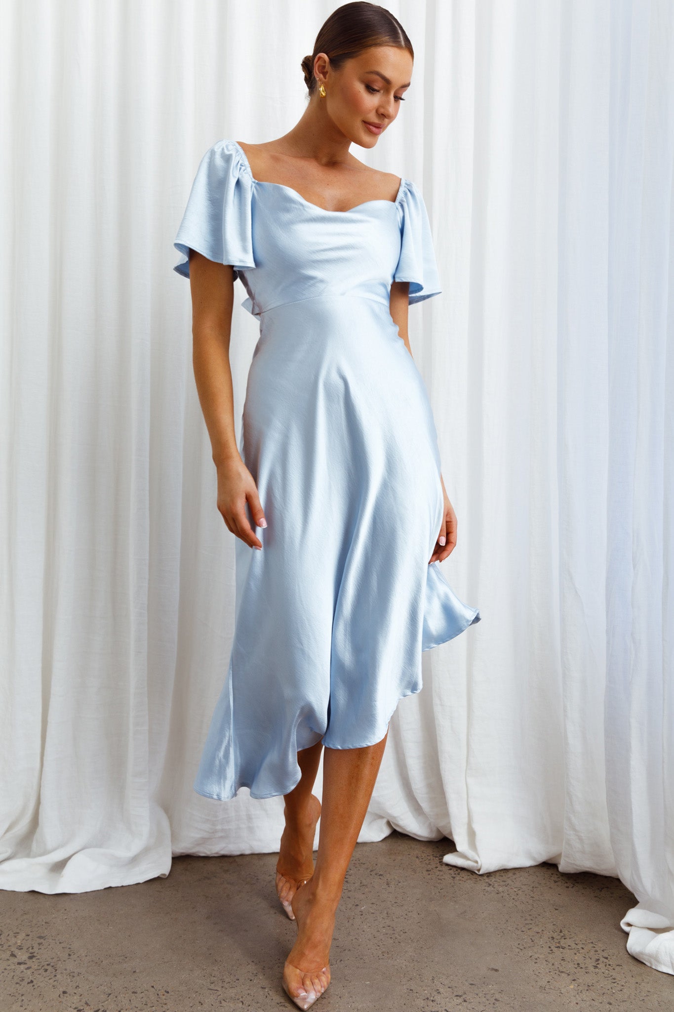 Grayson Tied Back Asymmetrical Midi Dress Steel Blue-Maymioy