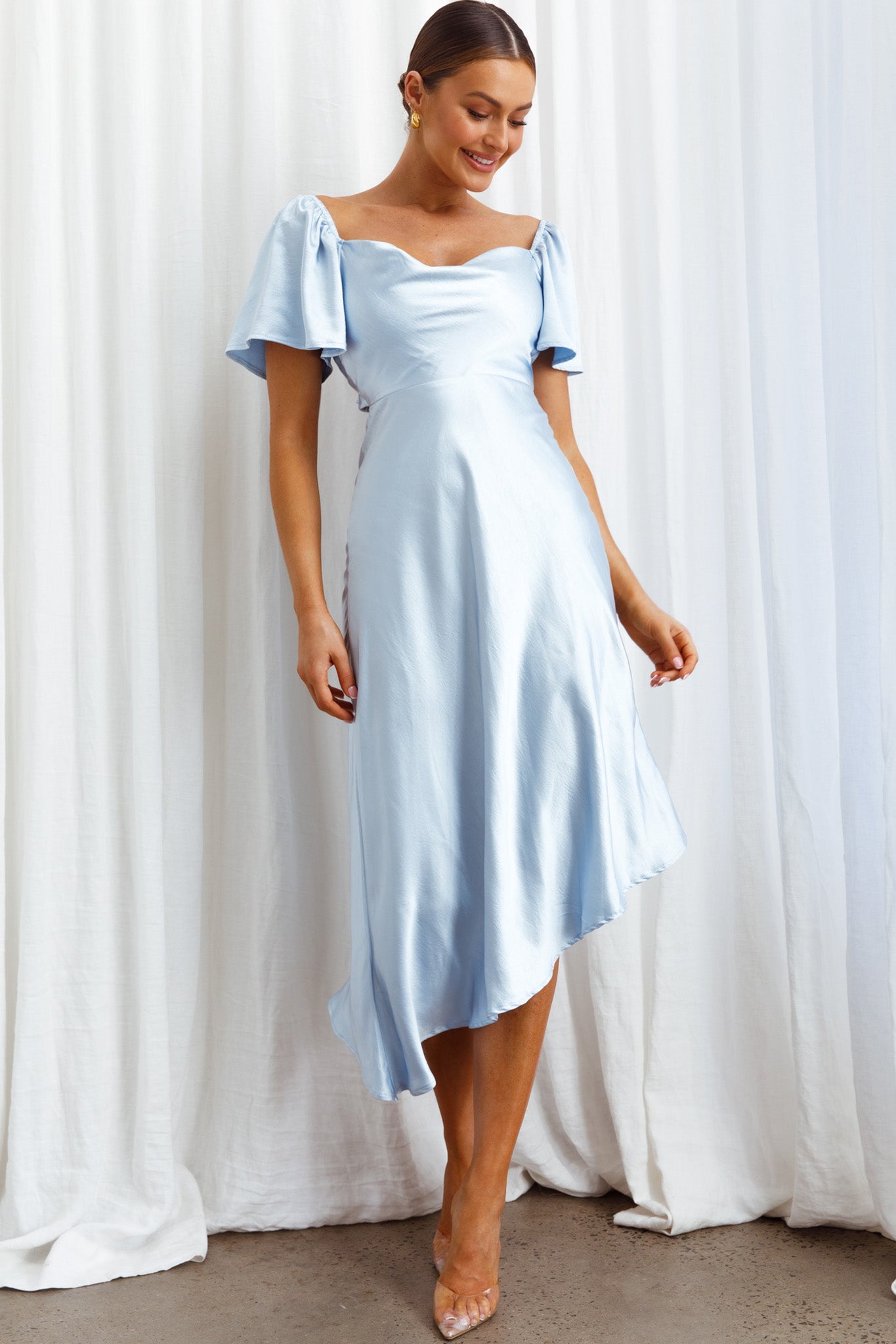 Grayson Tied Back Asymmetrical Midi Dress Steel Blue-Maymioy
