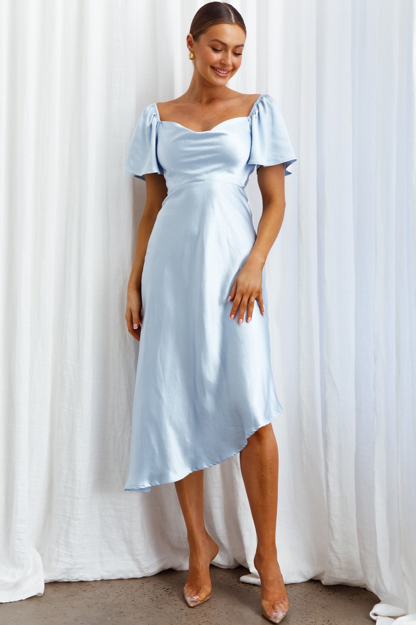 Grayson Tied Back Asymmetrical Midi Dress Steel Blue-Maymioy