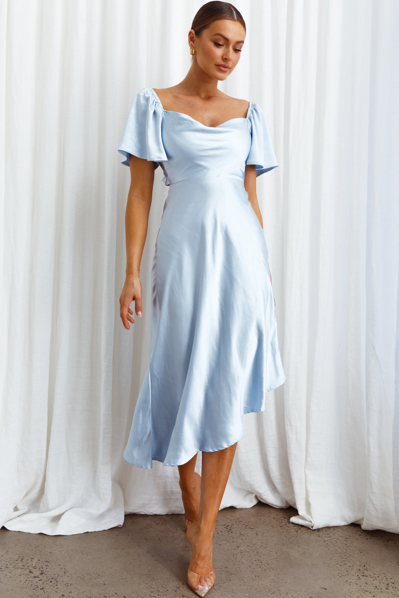 Grayson Tied Back Asymmetrical Midi Dress Steel Blue-Maymioy