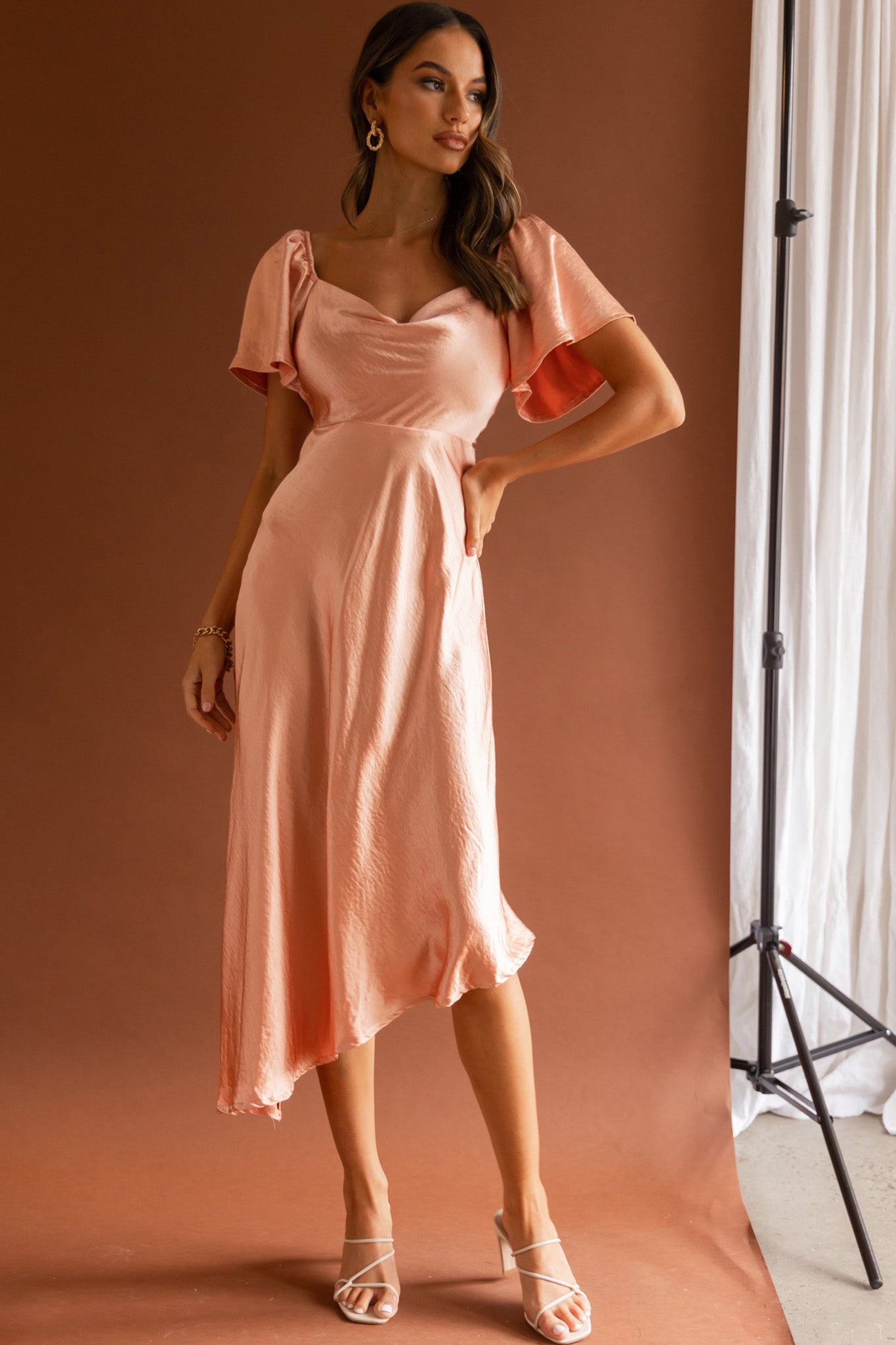 Grayson Tied Back Asymmetrical Midi Dress Peach-Maymioy